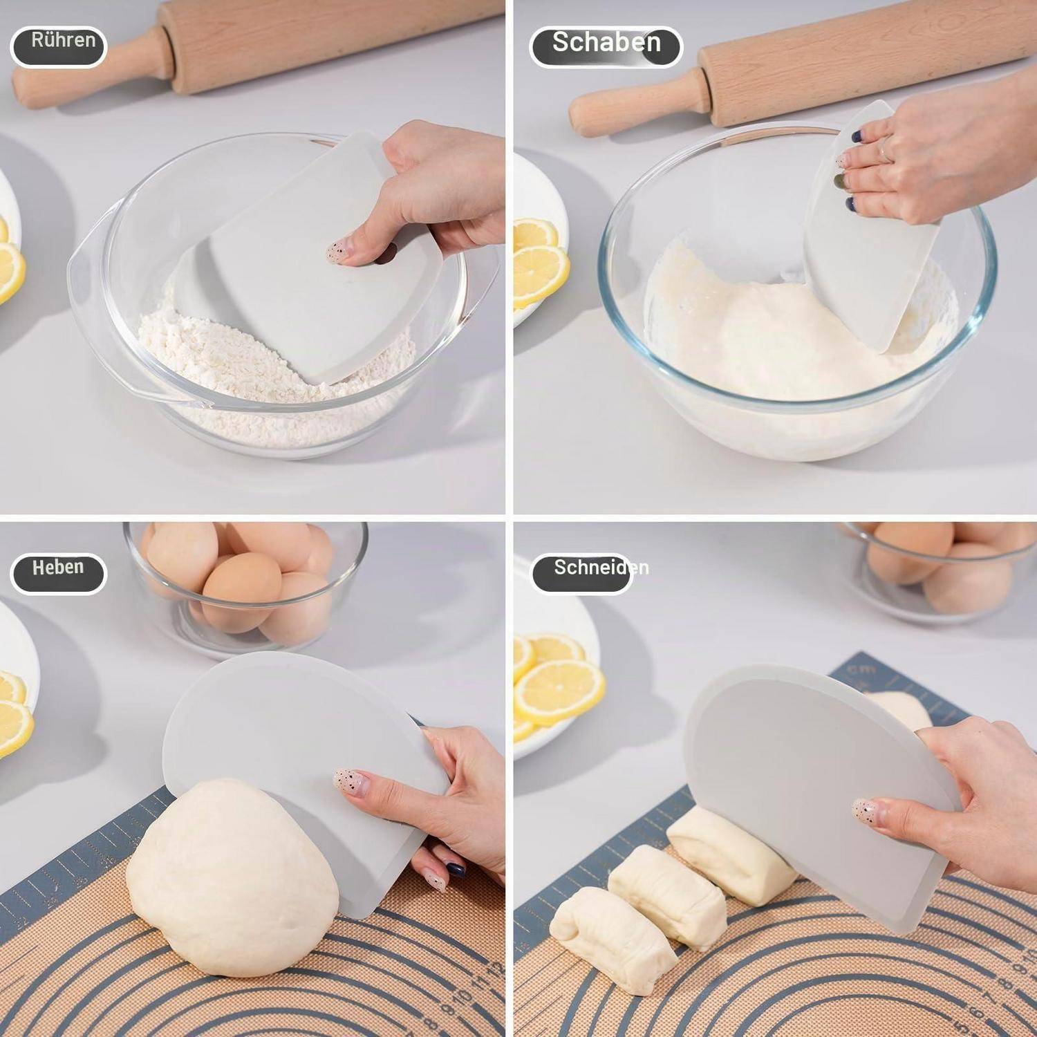 Demo-Werkzeug zum Backen in vier Schritten: Ein flexibler Schaber rührt und schabt den Teig in einer Schüssel um, hebt den Teig an und schneidet Teigsticke auf einer Matte.