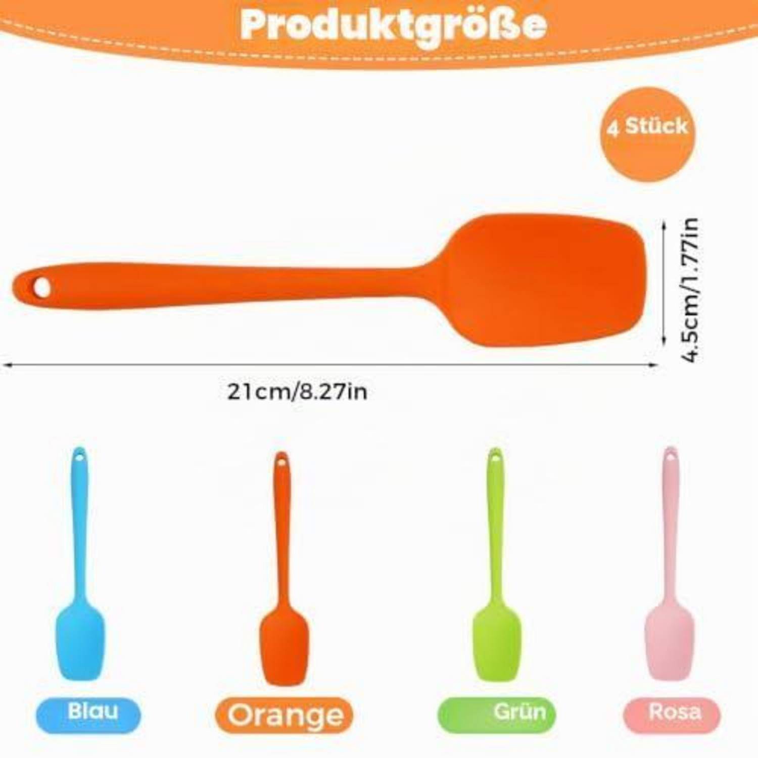 Größentabelle für einen Silikonspatel: 21 cm lang, 4,5 cm breit; 4er-Pack in Blau, Orange, Grün und Rosa.