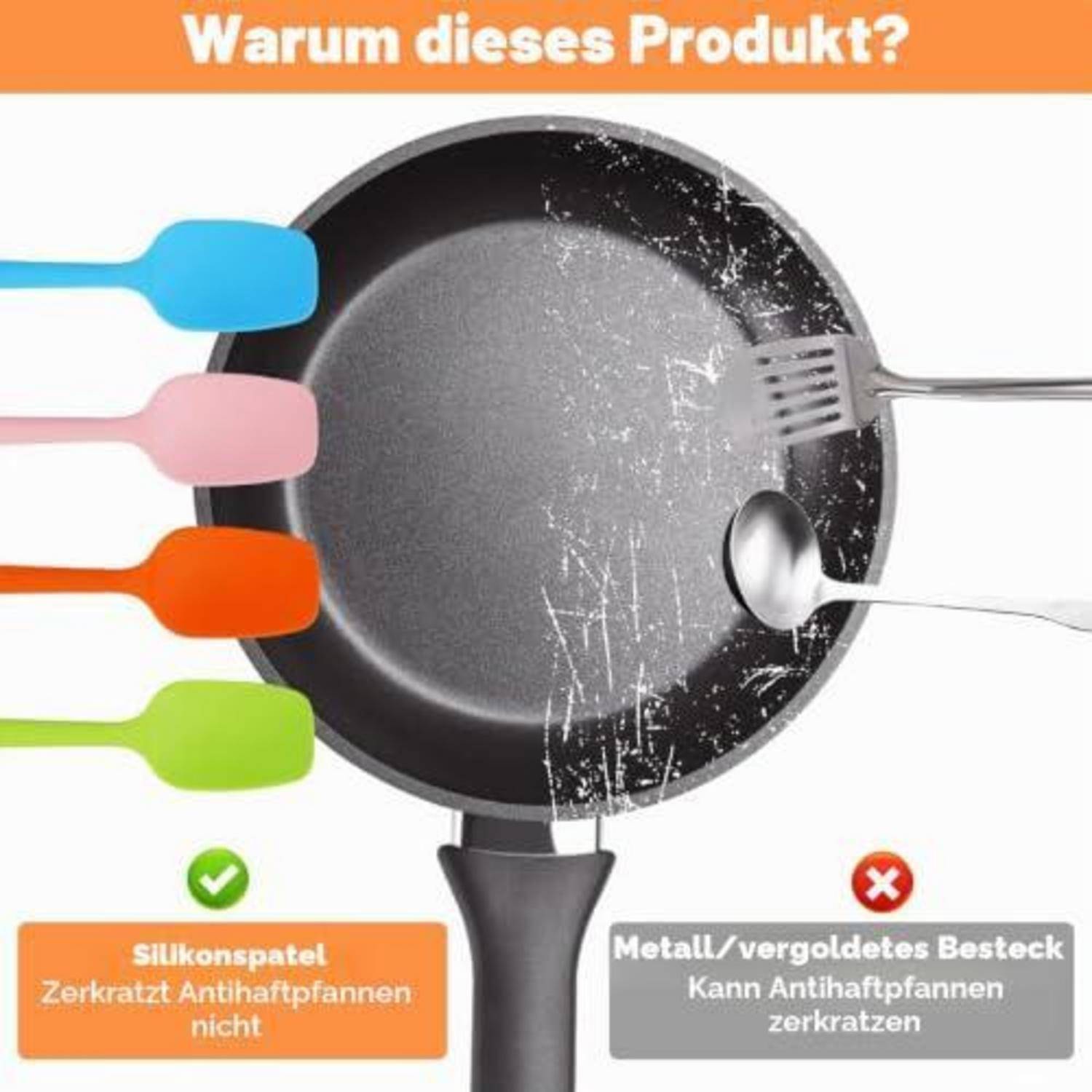 Deutsches Werbebild, das Küchengeräte in einer Antihaft-Pfanne vergleicht: ein Silikonspatel hinterlässt ein grünes Häkchen, Metallbesteck kratzt mit einem roten X.