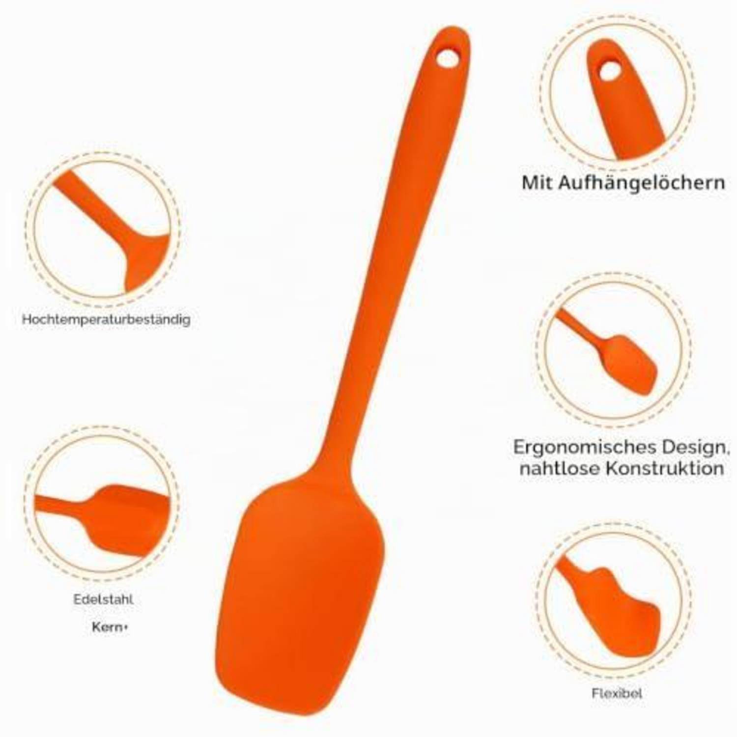Orangener flexibler Spatel mit Aufhängeloch; Beschriftungen heben Hitzebeständigkeit, Edelstahlkern, ergonomisches nahtloses Design und flexible Form hervor.
