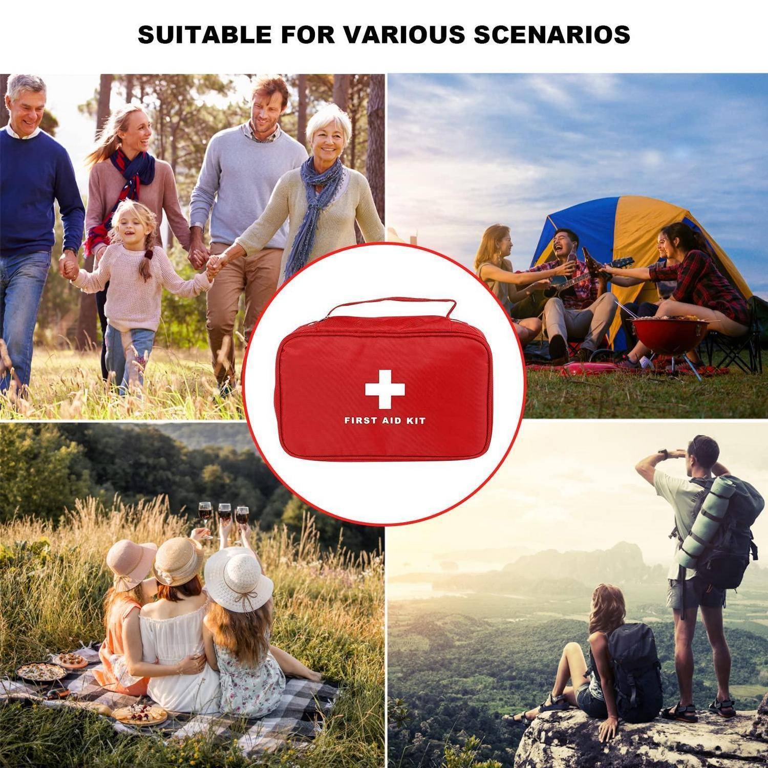 Collage, die ein rotes Erste-Hilfe-Set mit der Aufschrift „ERSTE-HILFE-SET" zeigt, das sich für Familienausflüge, Camping, Picknicks und Wanderungen eignet.