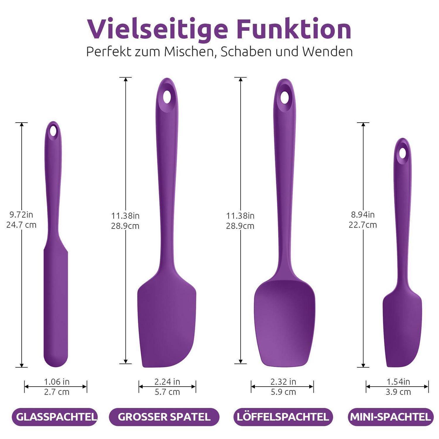 Infografik von vier violetten Küchenschaufeln mit den Beschriftungen „Glassspachtel