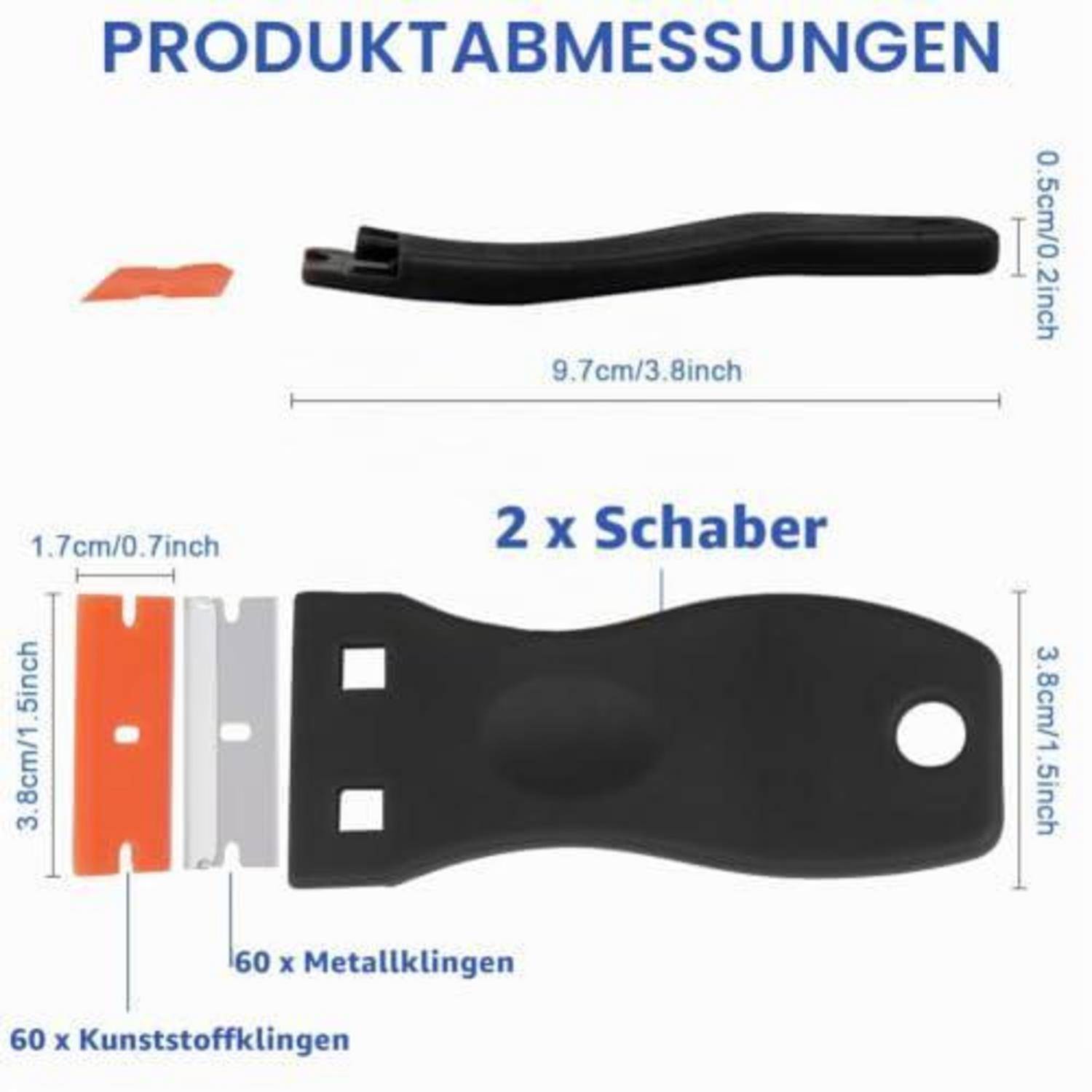 Produktabmessungdiagramm mit 2 Schabern, einem Griff und 60 Kunststoff- und 60 Metallklingen mit Abmessungen in cm und Zoll.