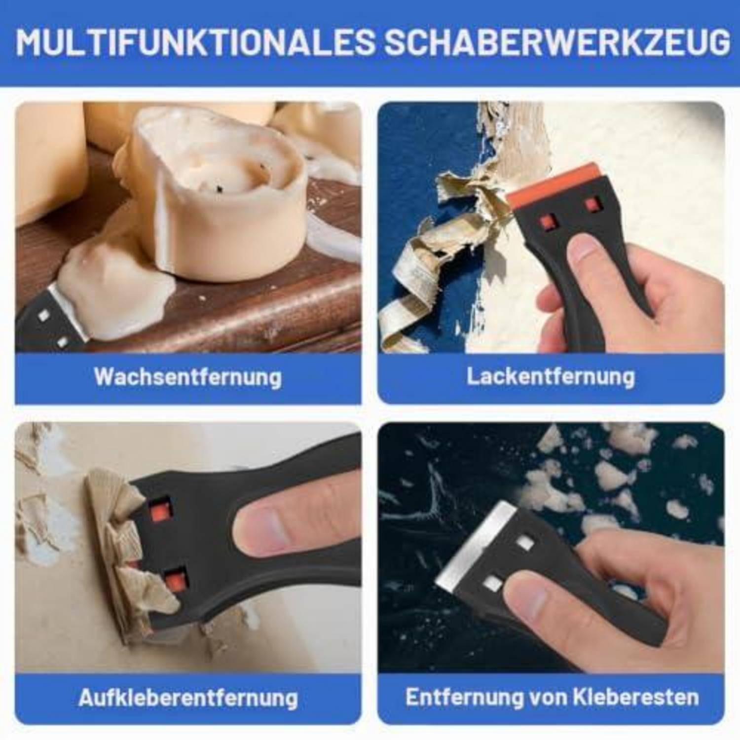 Multifunktionales Werkzeug zum Entfernen von Wachs, Farbe, Klebstoff und Leimresten, dargestellt in vier beschrifteten Anwendungsbeispielen.