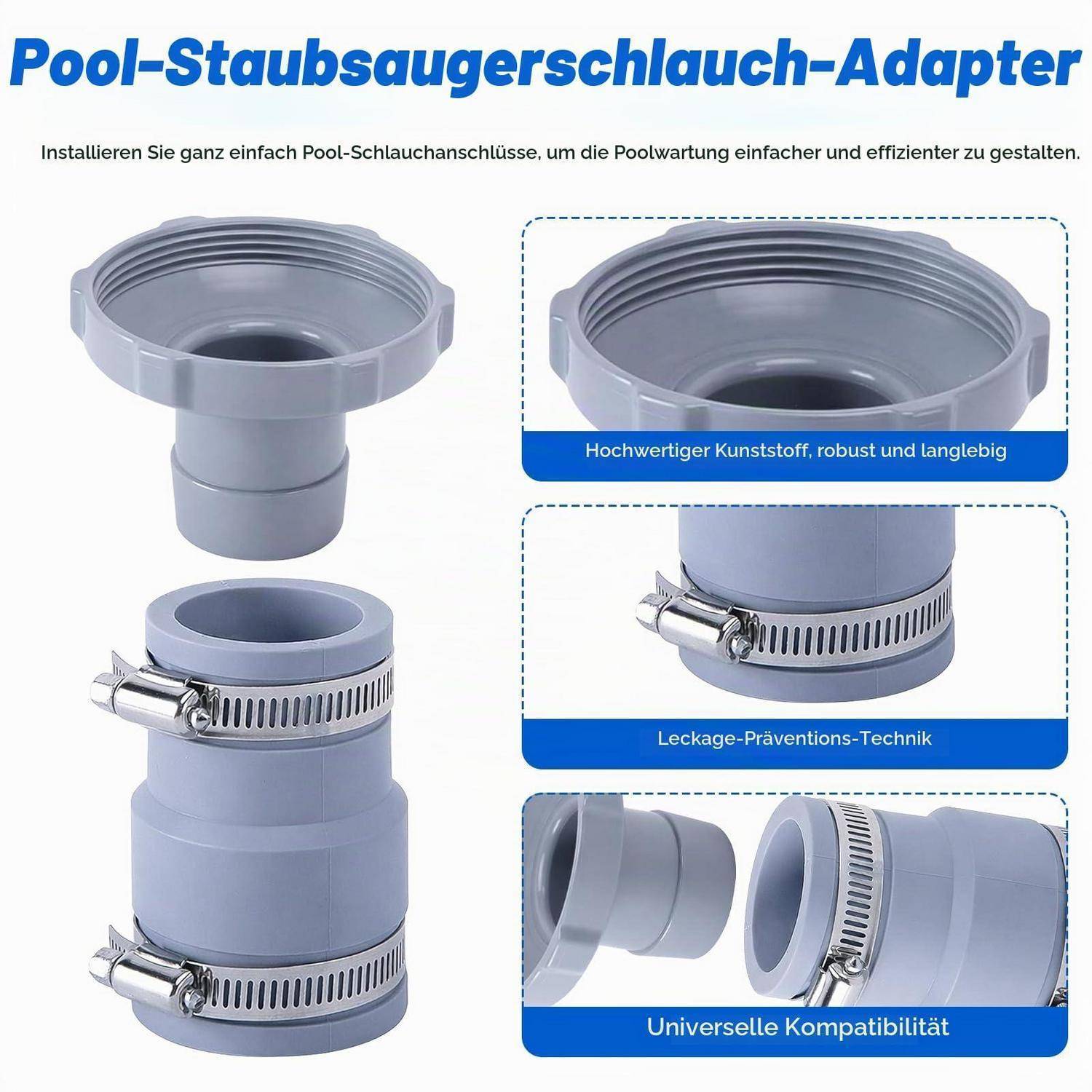 Produktbild eines grauen Poolstaubsaugerschlauchadapters mit Gewindeöffnung und Schlauchklemme, gekennzeichnet als langlebig, leckageschützend und universell kompatibel.