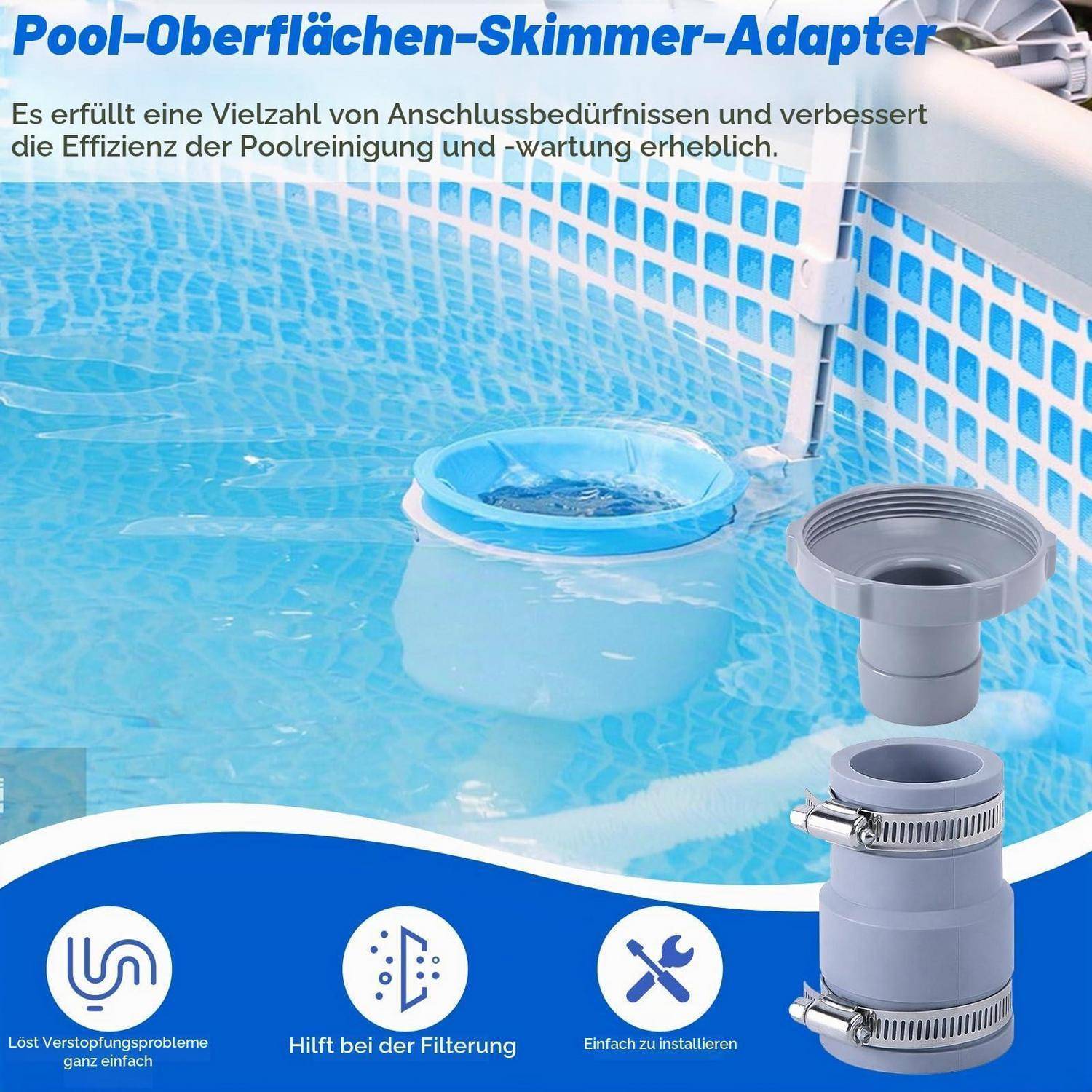 Poolskimmer-Adapter in einem Schwimmbad, dargestellt mit Installationsteilen; deutscher Text besagt, dass er die Effizienz der Poolreinigung und -wartung verbessert.
