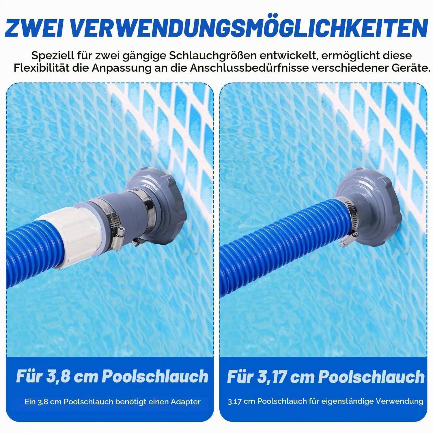 # Deutsche Produktgrafik mit zwei Poolschlauch-Verbindungsoptionen: Schlauch mit 3,8 cm Durchmesser benötigt einen Adapter, Schlauch mit 3,17 cm Durchmesser verbindet sich direkt.