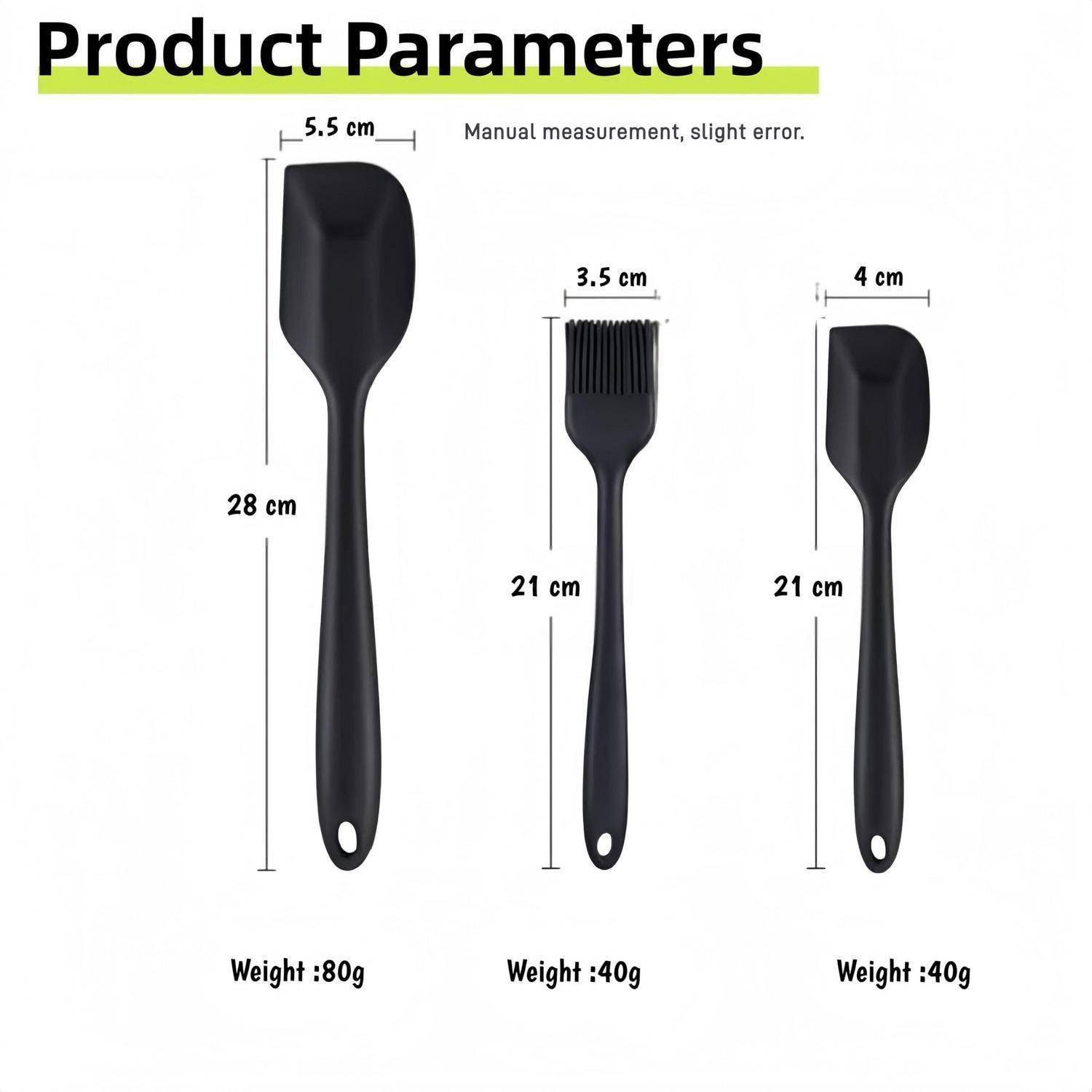 Produktparameter zeigen drei schwarze Küchenschaufeln/Bürsten mit den Abmessungen: 28 cm, 21 cm und 21 cm; Gewichte 80 g, 40 g und 40 g.
