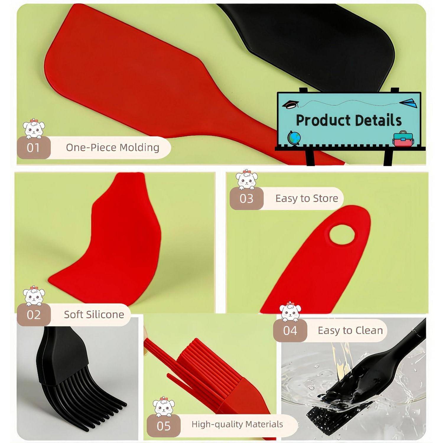 Produktdetails-Collage mit roten und schwarzen Silikon-Spachteln: einteilig gegossen, weich, leicht zu lagern und zu reinigen, aus hochwertigen Materialien.