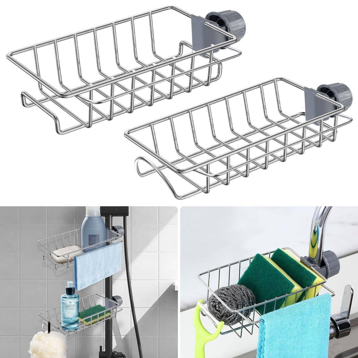 Zwei Edelstahl-Saugnapf-Duschablagen zum Aufbewahren von Toilettenartikeln, einzeln dargestellt und in einer Dusche mit Seife, Schwämmen und Handtüchern montiert.