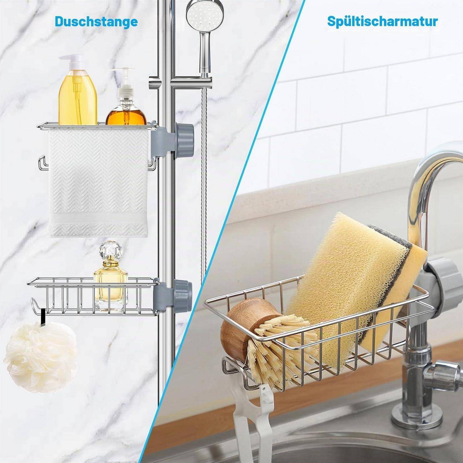 Geteiltes Bild mit einer Duschablage und einem Spülbecken-Schwammhalter, beide mit den Bezeichnungen „Duschstange" und „Spültischarmatur""; beide klippen sich an Stangen oder Armaturen.