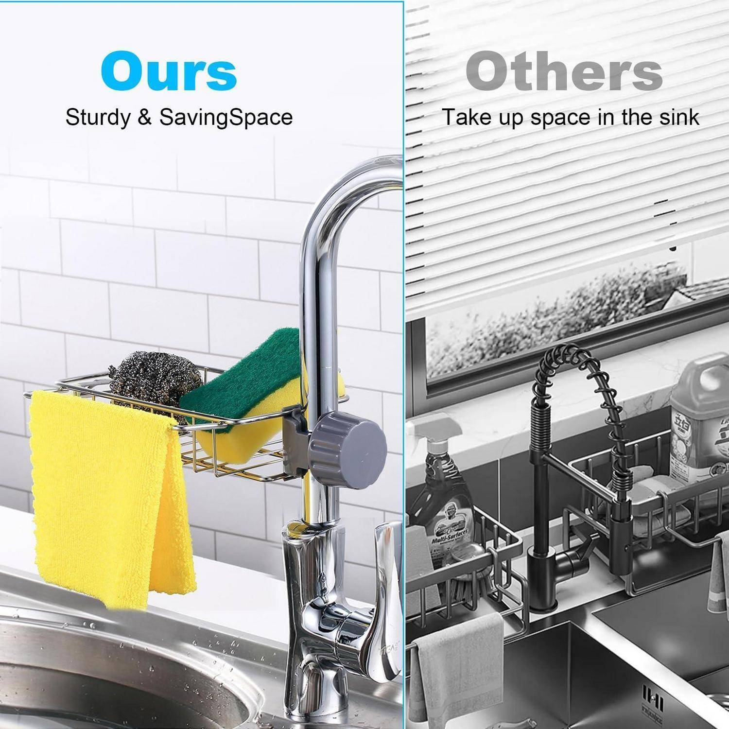 Vergleich von Spülenorganizern: "Unserer"" ist ein stabiles, platzsparendes Regal am Wasserhahn; ""Andere"" beanspruchen Spülbeckenfläche und verstopfen den Bereich.