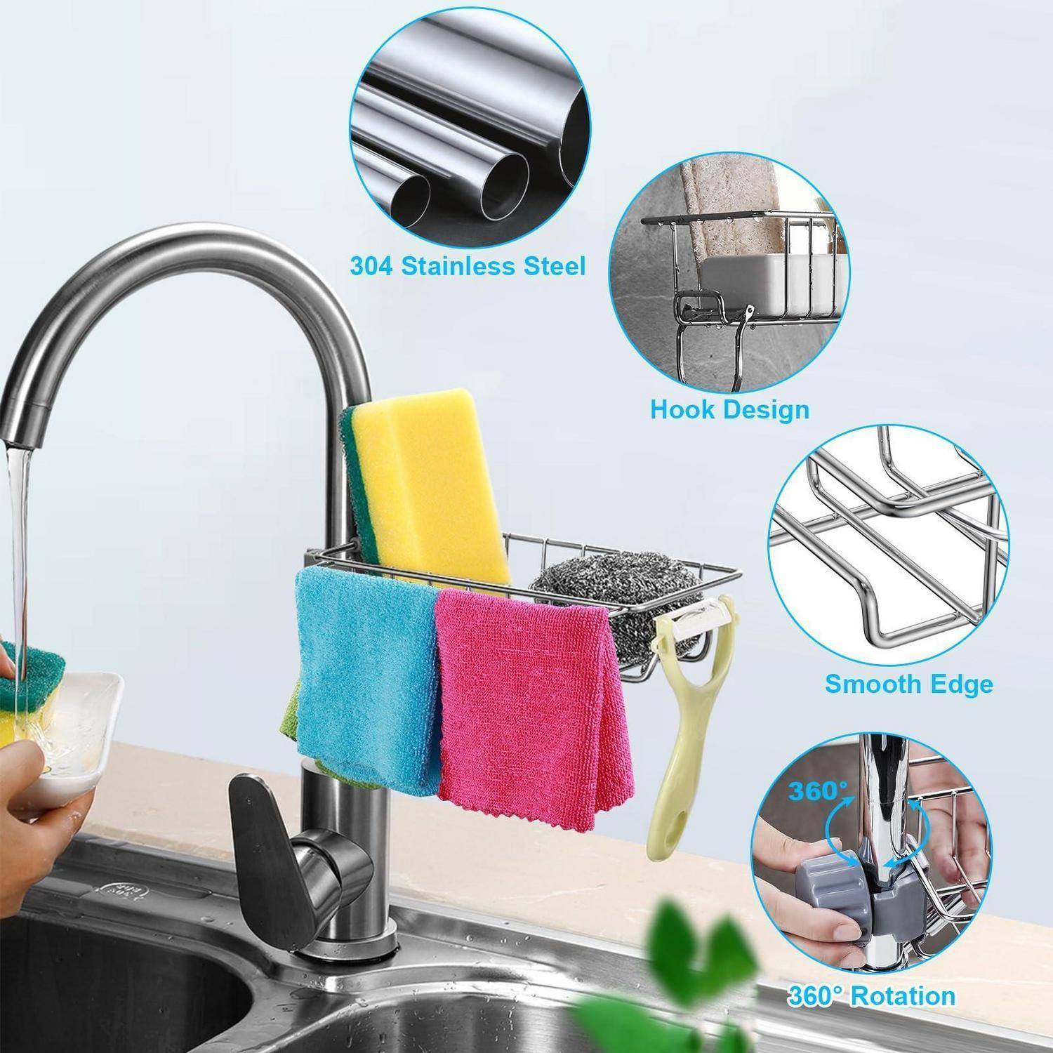 Küchenspülen-Armaturenablage für Schwämme und Tücher, mit Beschriftungen für 304er Edelstahl, Hakenkonstruktion, glatte Kante und 360°-Drehung.