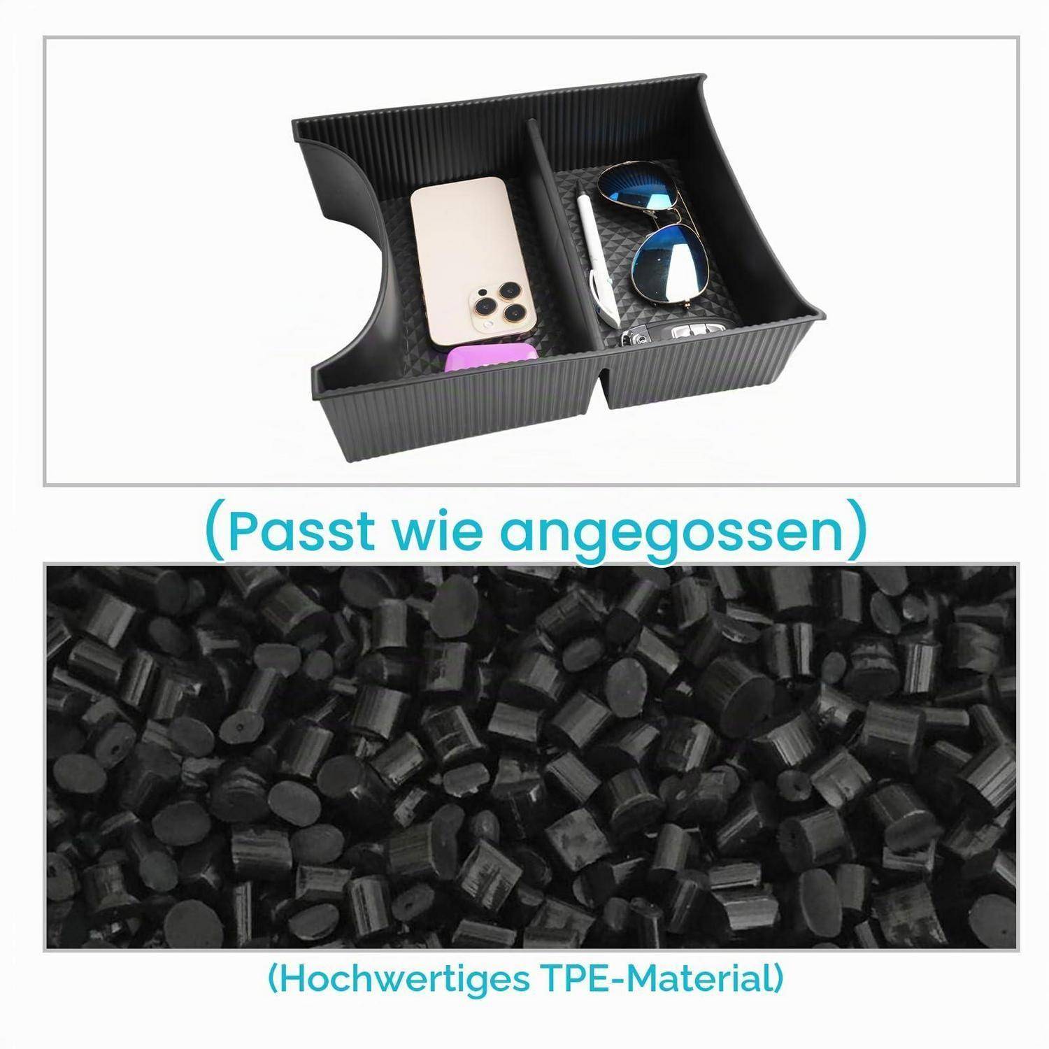 Offenes schwarz geformtes Telefon-Organisationstablett mit Fächern, in denen ein Telefon, eine Sonnenbrille und kleine Gegenstände aufbewahrt werden; darunter Nahaufnahme von schwarzen TPE-Kunststoffpellets mit deutschen Beschriftungen.