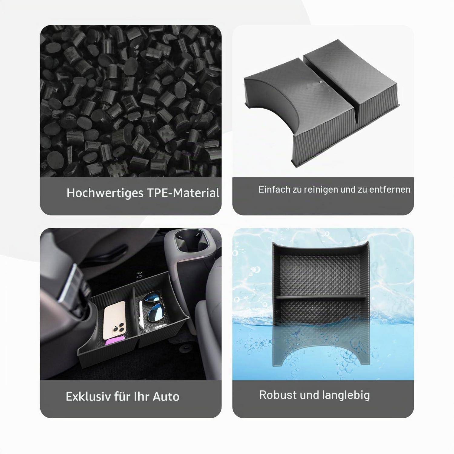 Vierpanel-Produktgrafik zeigt einen Auto-Mittelkonsolen-Organizer: hochwertige TPE-Material, leicht zu reinigen und zu entfernen, exklusiv für Ihr Auto, robust und langlebig.