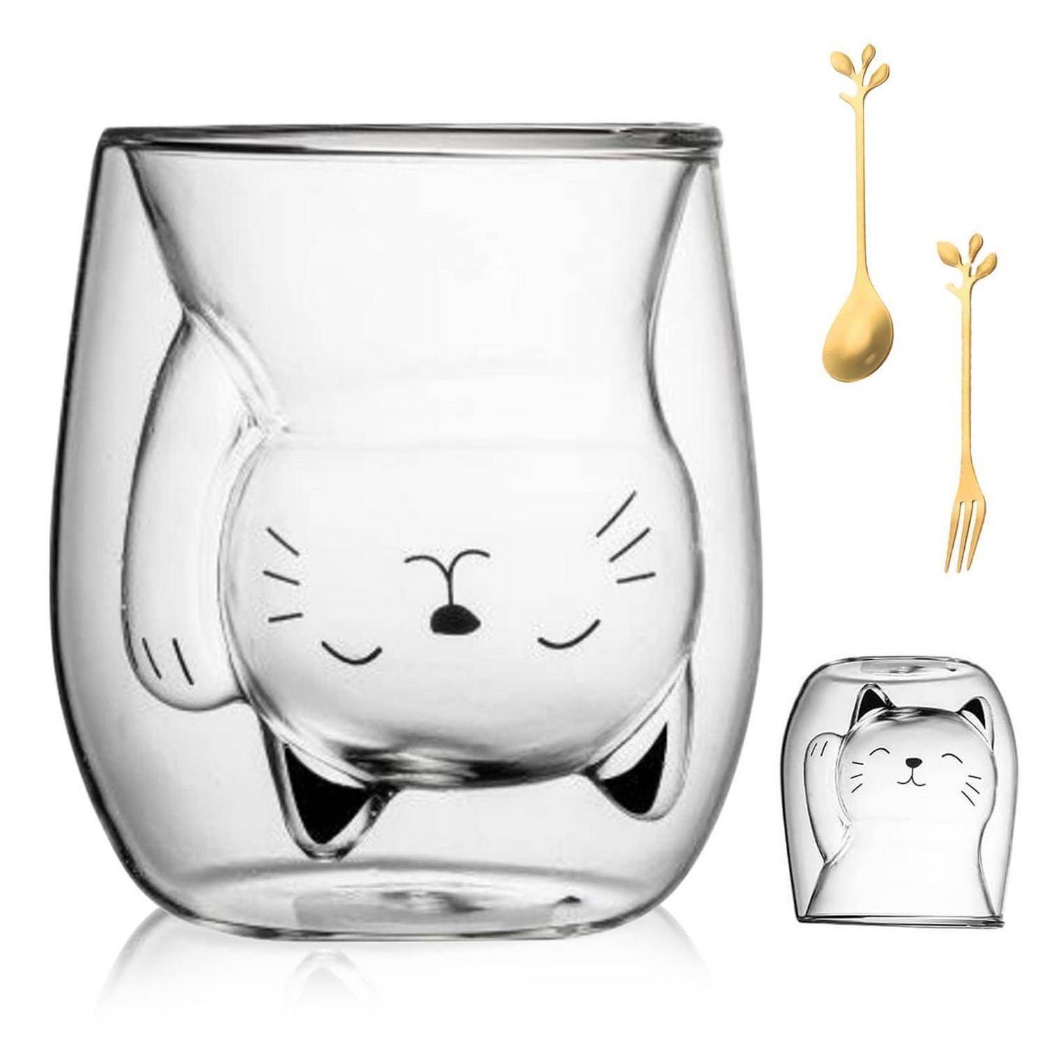 Doppelwandiges Glaskaffeetasse mit süßem schlafendem Katzengesicht-Design, abgebildet mit goldenem Löffel und Gabel, plus kleine Detailansicht der Tasse