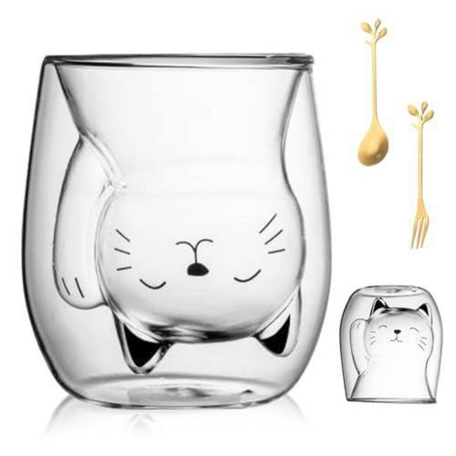 Transparente doppelwandige katzenförmige Glastasse mit Design eines schlafenden Katzengesichts, gezeigt mit Symbolen für goldenen Löffel und Gabel sowie einer kleinen Größendarstellung.