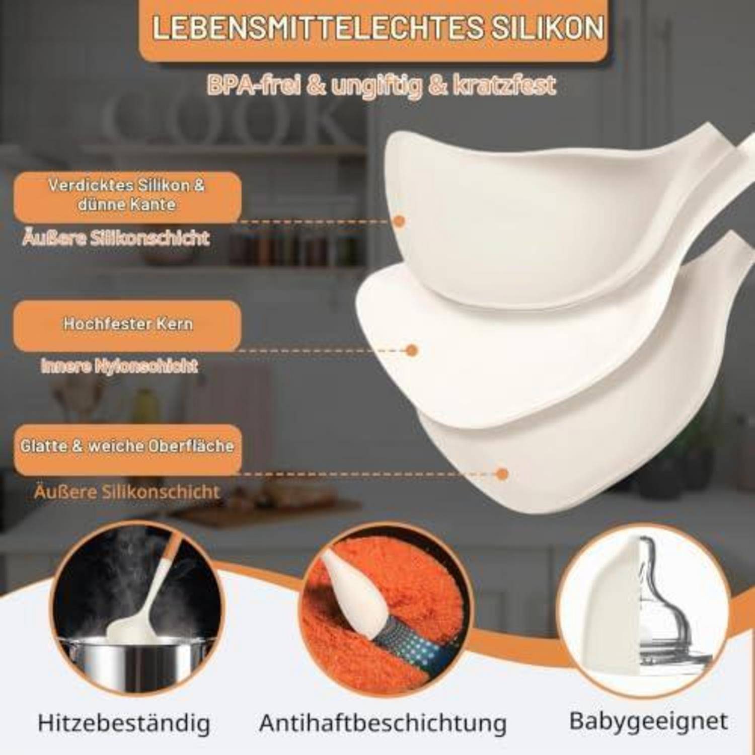 Werbegrafik mit drei weißen Silikon-Küchenspachteln/Deckeln mit der Beschriftung „LEBENSMITTELECHTES SILIKON