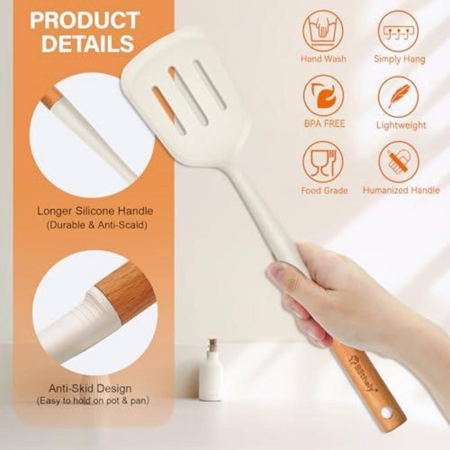 Produktdetail-Grafik mit einem weißen Silikon-Spatel mit Holzgriff; hebt den längeren hitzebeständigen Griff, rutschfestes Design, Handwäsche, BPA-frei, leicht, Lebensmittelqualität und Aufhängeloch hervor.