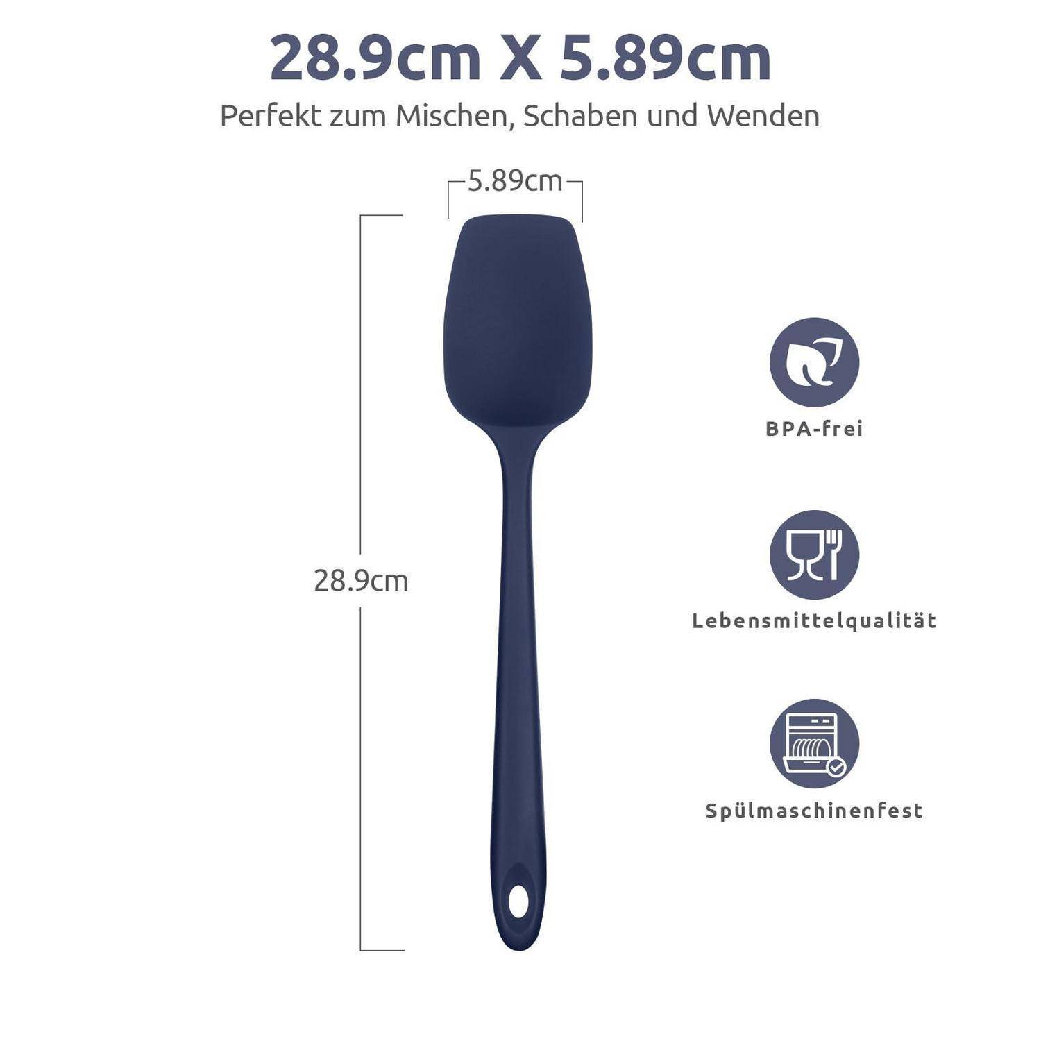 Dunkelblauer Silikonspatel mit den Abmessungen 28,9 cm x 5,89 cm; gekennzeichnet als BPA-frei, lebensmittelgerecht und spülmaschinenfest.
