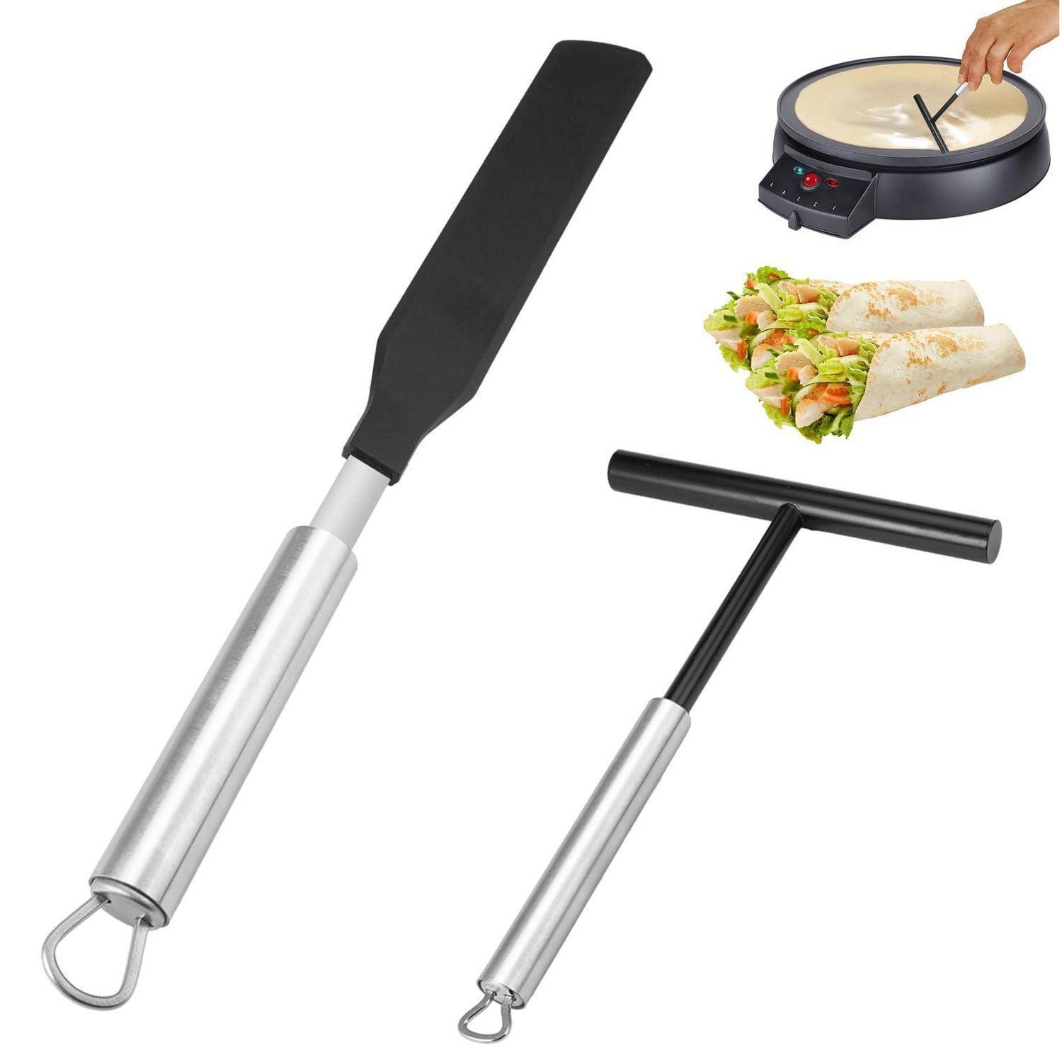 Edelstahl-Grillspachtel und Teigschaber-Werkzeuge, dargestellt mit einer Crêpe-Maschine und eingewickelten Tacos zur Veranschaulichung der Kochverwendung.