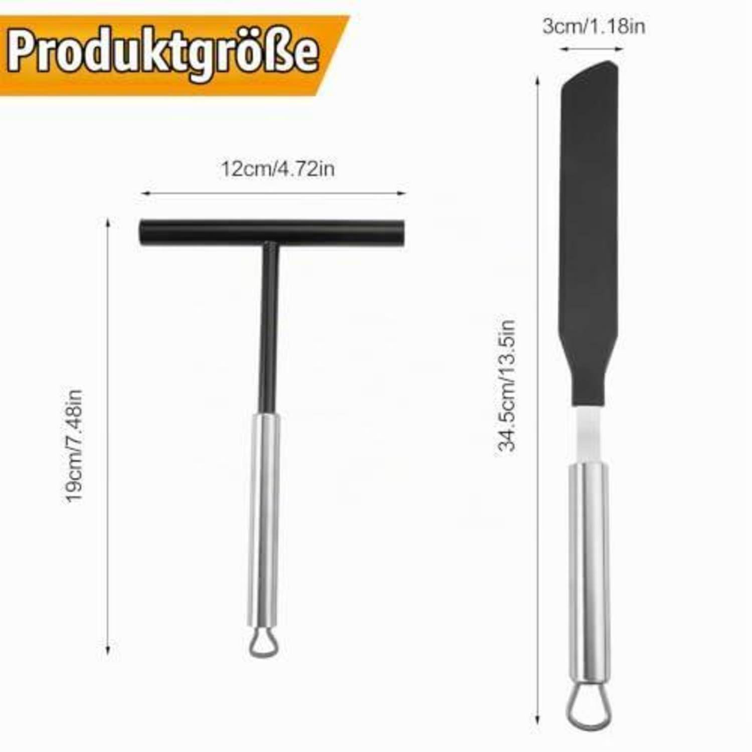 Produktgrößendiagramm, das einen T-Griff-Schaber oder Spachtel zeigt: Kopf 12 cm breit, Gesamthöhe 19 cm, Klinge 3 cm breit und 34,5 cm lang.