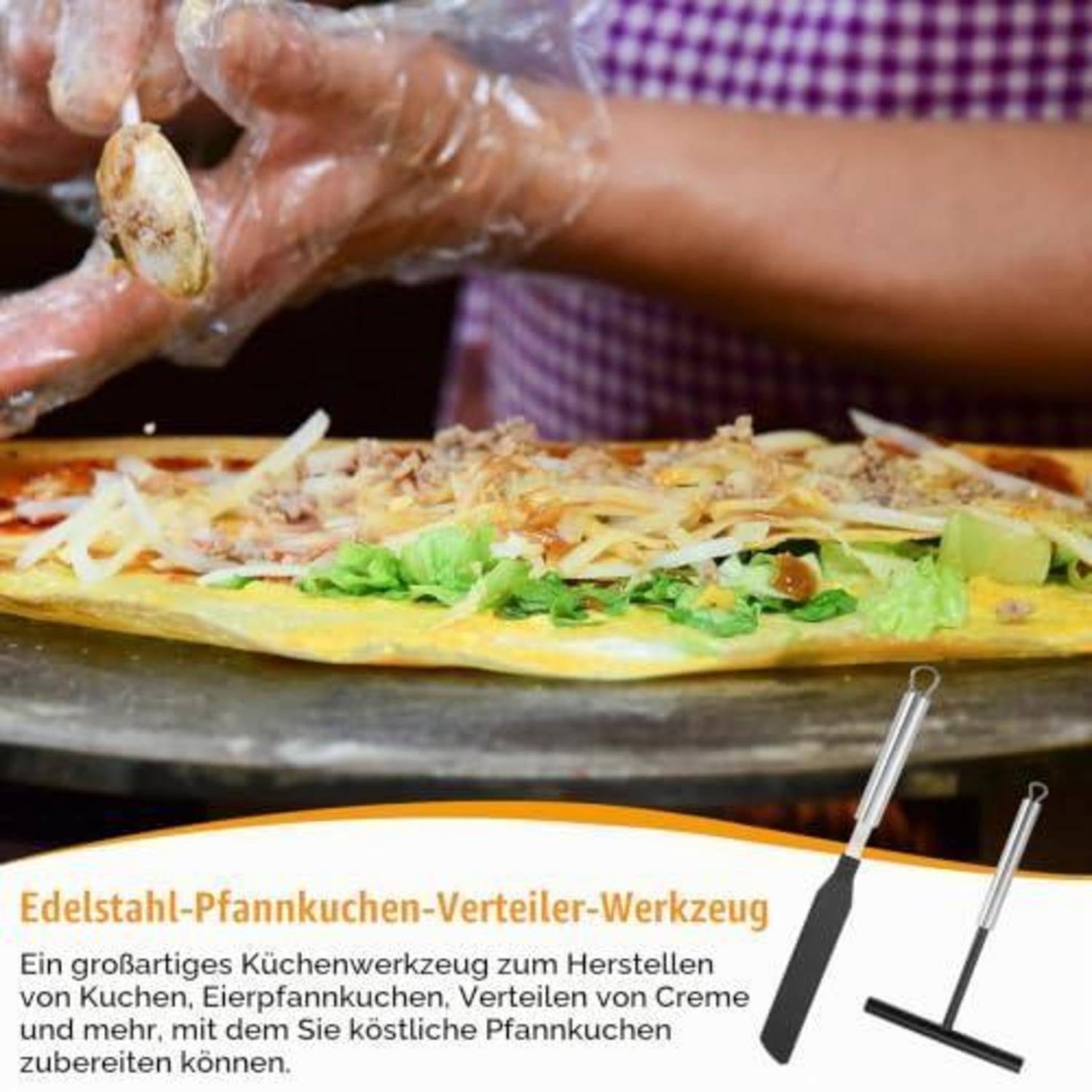Person in Handschuhen verteilt Teig oder Füllung auf einem großen crepe-ähnlichen Pfannkuchen; deutscher Text bewirbt ein „Edelstahl-Pfannkuchen-Verteiler-Werkzeug