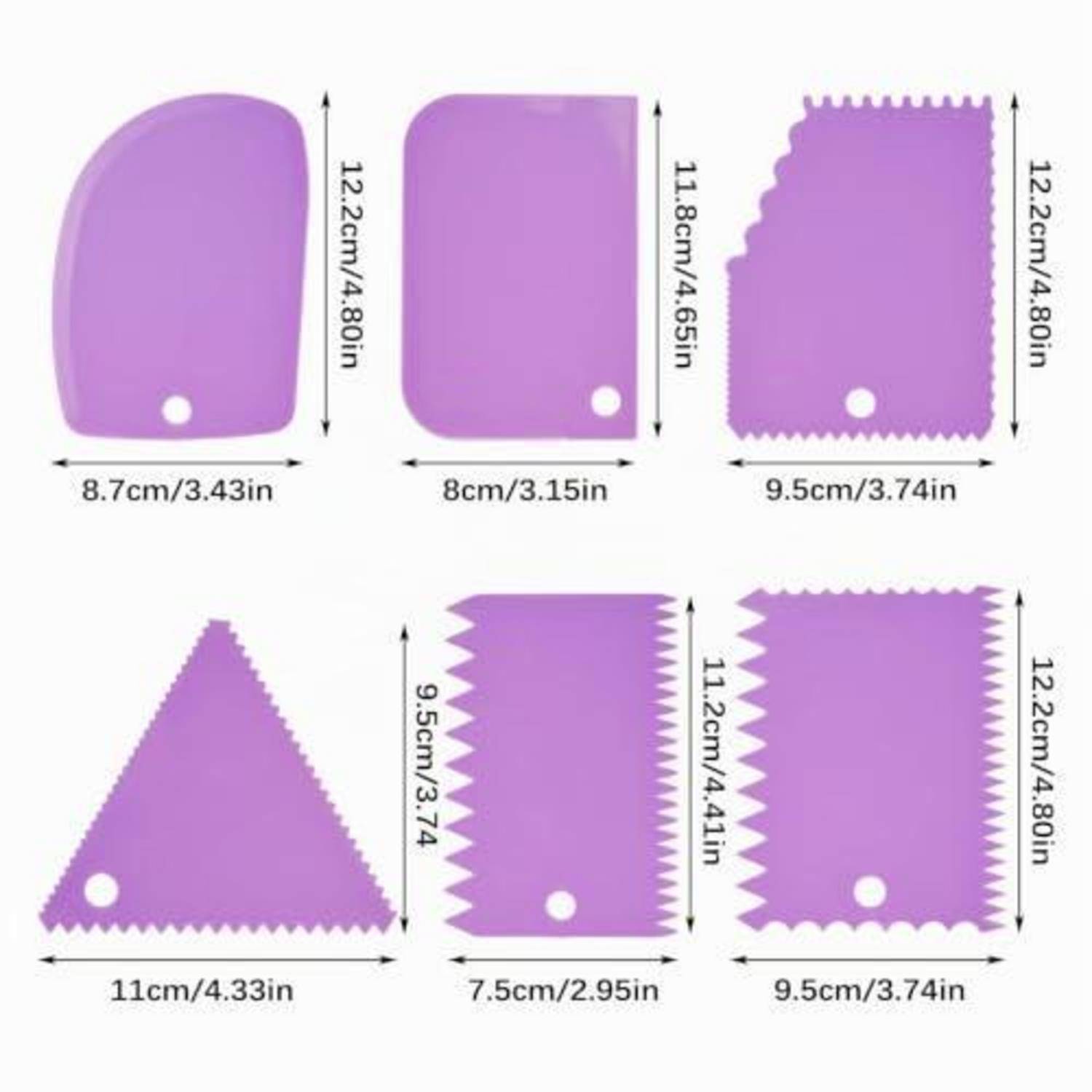 Sechs violette Fondant-/Spachtelwerkzeuge in verschiedenen Formen mit Abmessungen in cm und Zoll, darunter abgerundete, rechteckige, muschelförmige, dreieckige und zackig begrenzte Formen.
