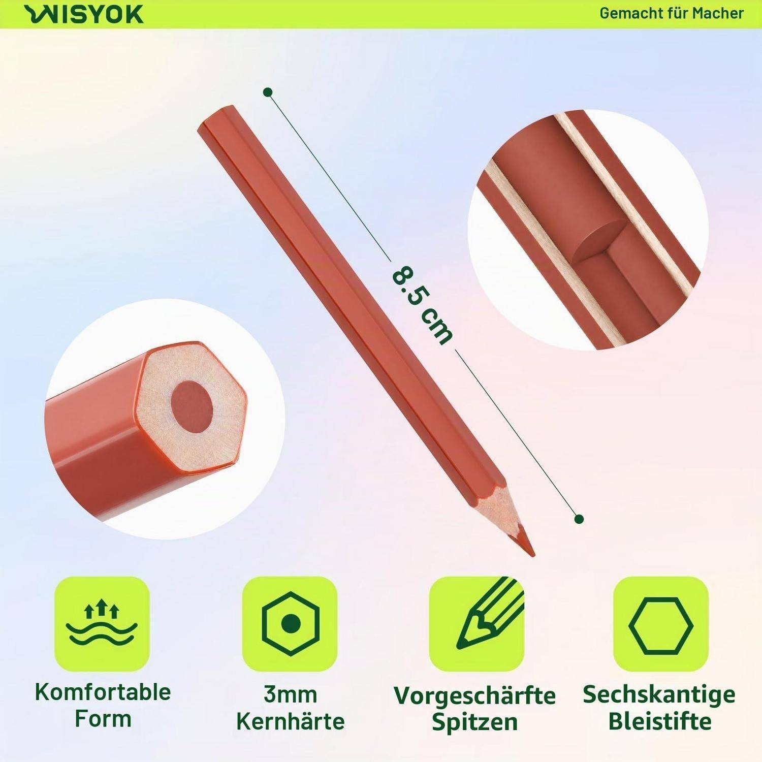 Produktgrafik eines roten sechseckigen Bleistifts mit der Bezeichnung '8.5 cm', mit Detailaufnahmen des Bleistiftkerns und der angespitzten Spitze sowie Symbolen, die die ergonomische Form, die 3-mm-Kernhärte, die vorgespitzten Spitzen und sechseckigen Bleistifte hervorheben.