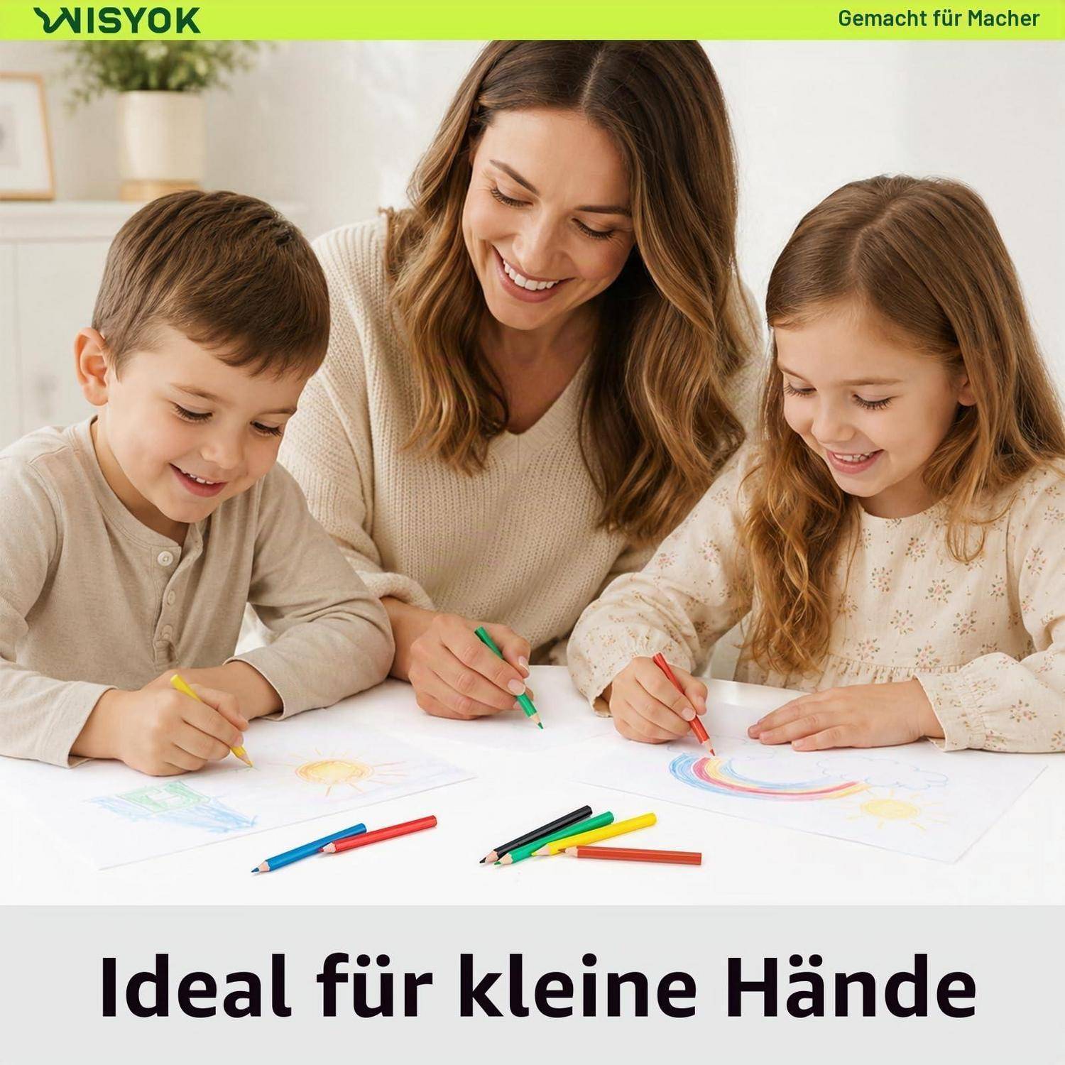 Mutter und zwei Kinder malen mit Buntstiften an einem Tisch; der Anzeigentext besagt „Ideal für kleine Hände" und WISIYOK.