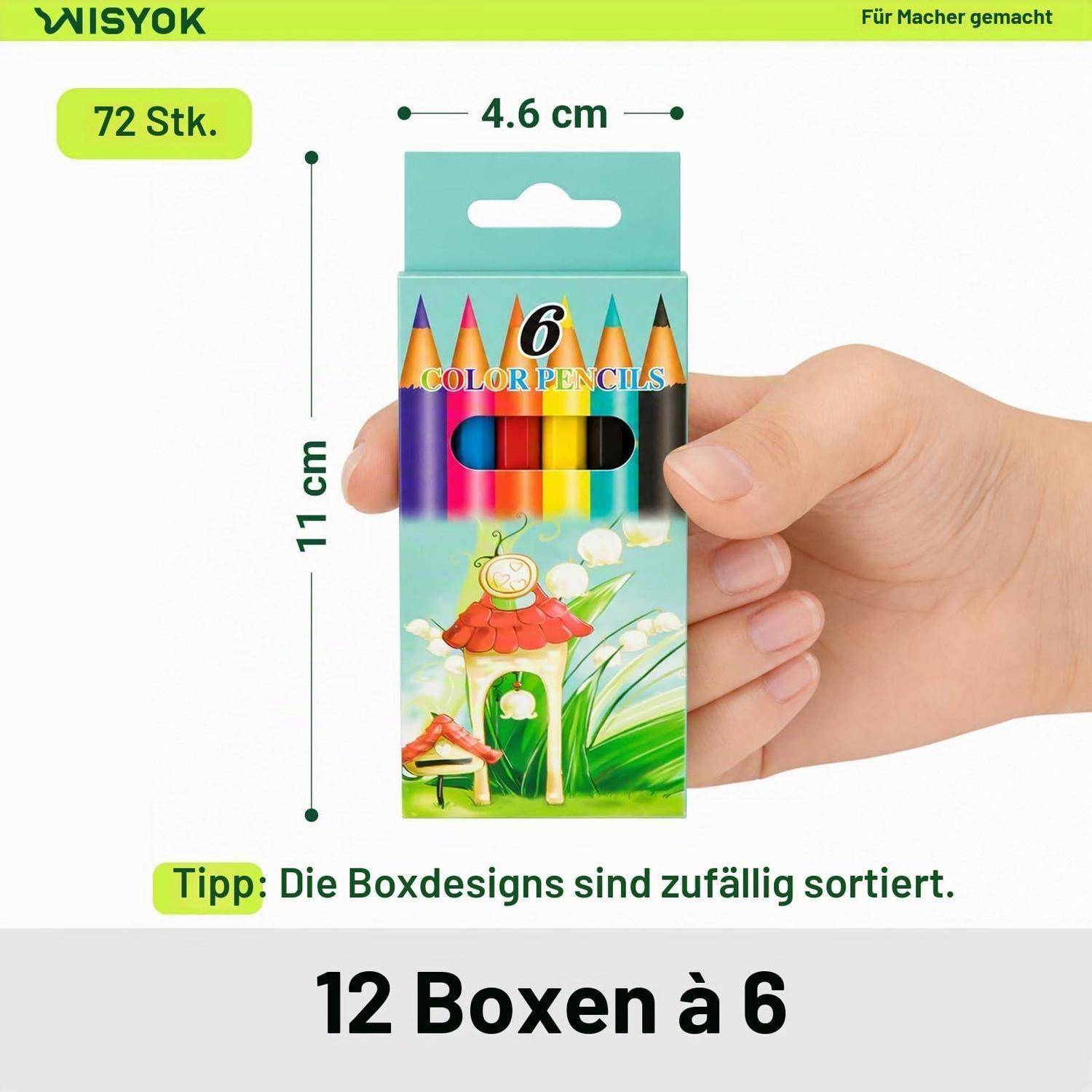 Hand hält eine Schachtel mit 6 Farbstiften; Produktbild zeigt insgesamt 12 Schachteln, 4,6 cm breit und 11 cm hoch, mit zufälligen Schachteldesigns.