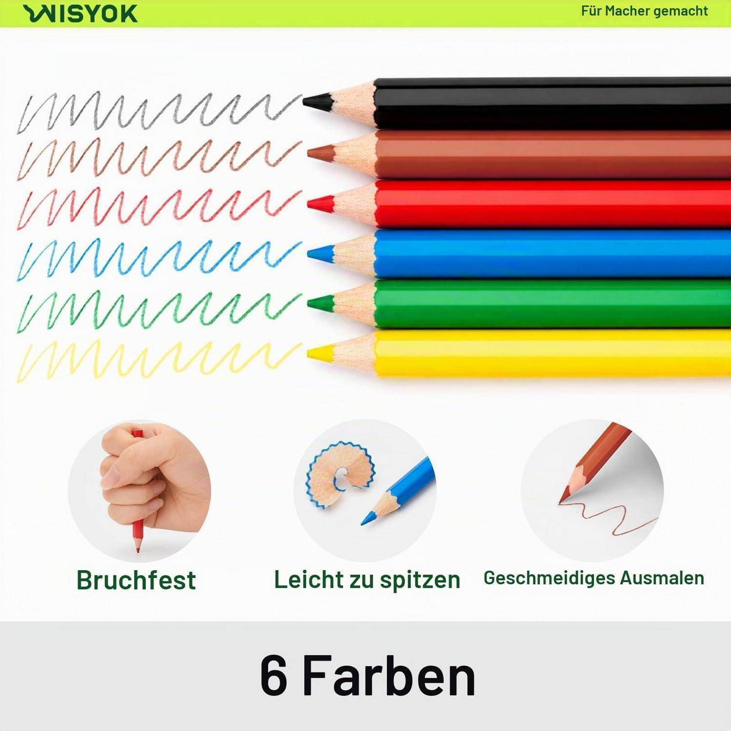 Anzeige für WISYOK Farbstifte mit sechs Farben und passenden Kritzelmuster sowie Funktionssymbolen: bruchsicher, leicht anzuspitzen, sanftes Ausmalen.
