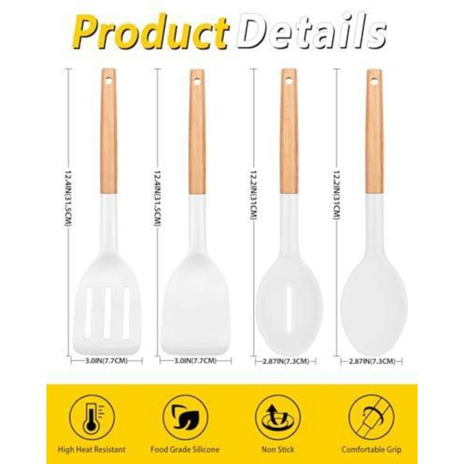 Produktdetails mit vier Silikon-Küchenspachteln/Löffeln mit Holzgriffen und Größenangaben, plus Symbole für Hitzebeständigkeit, lebensmittelgerechtes Silikon, Antihaft-Eigenschaften und komfortabler Griff.