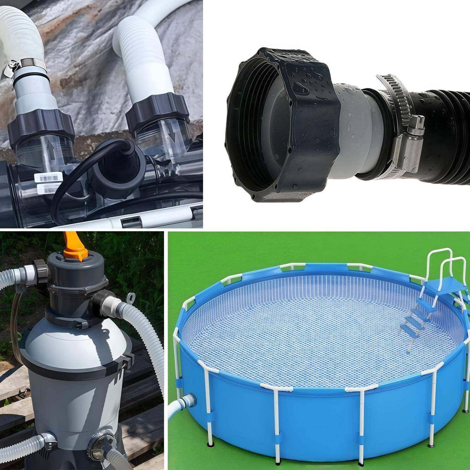 Collage von Poolfilterungsausrüstung: Schläuche, die mit Filterteilen verbunden sind, ein Schlauchadapter, ein Sandfilter und ein aufblasbarer Pool mit Filtrationsanlage.
