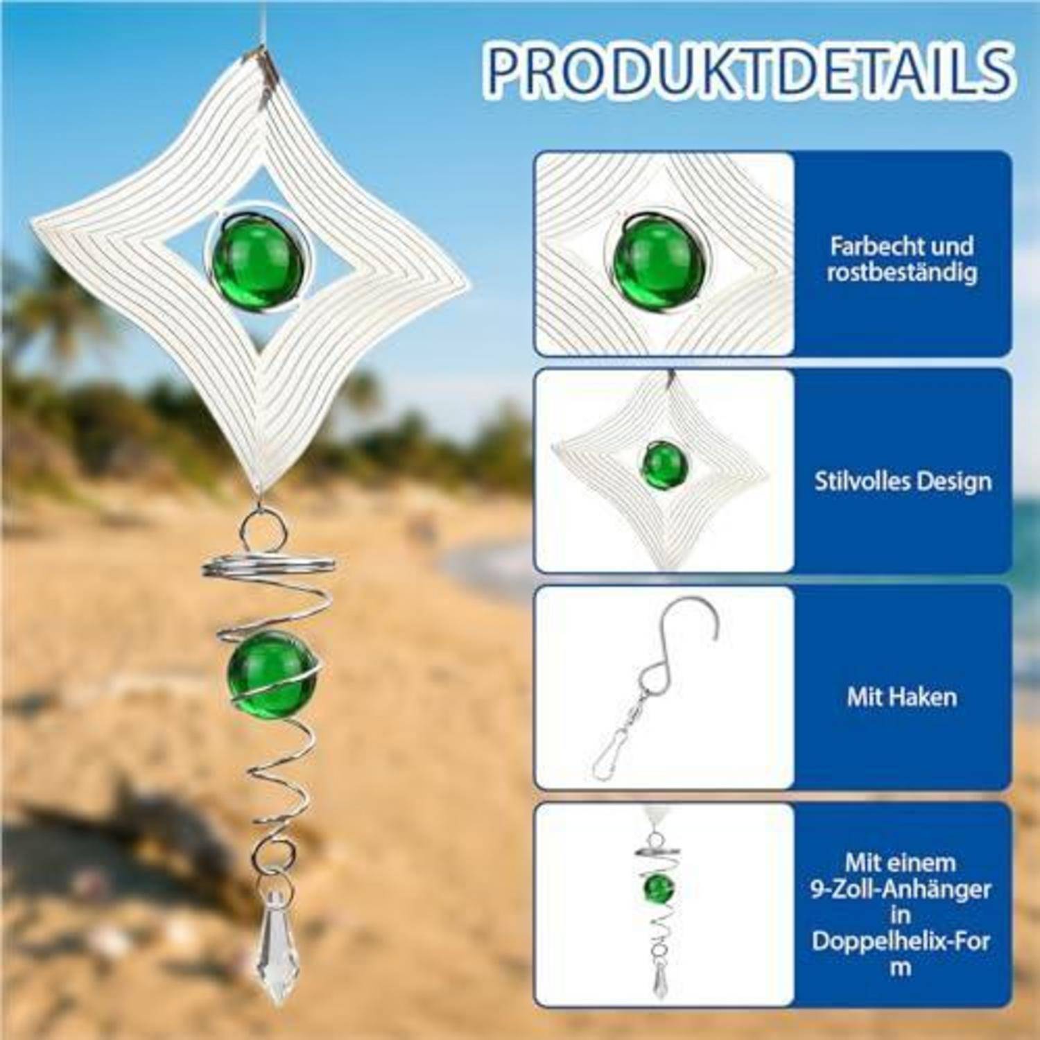 Produktdetails für ein dekoratives hängendes Windornament: Farb- und rostbeständig, stilvolles Design, mit Haken, enthält einen 9-Zoll-Anhänger in Doppelhelix-Form.