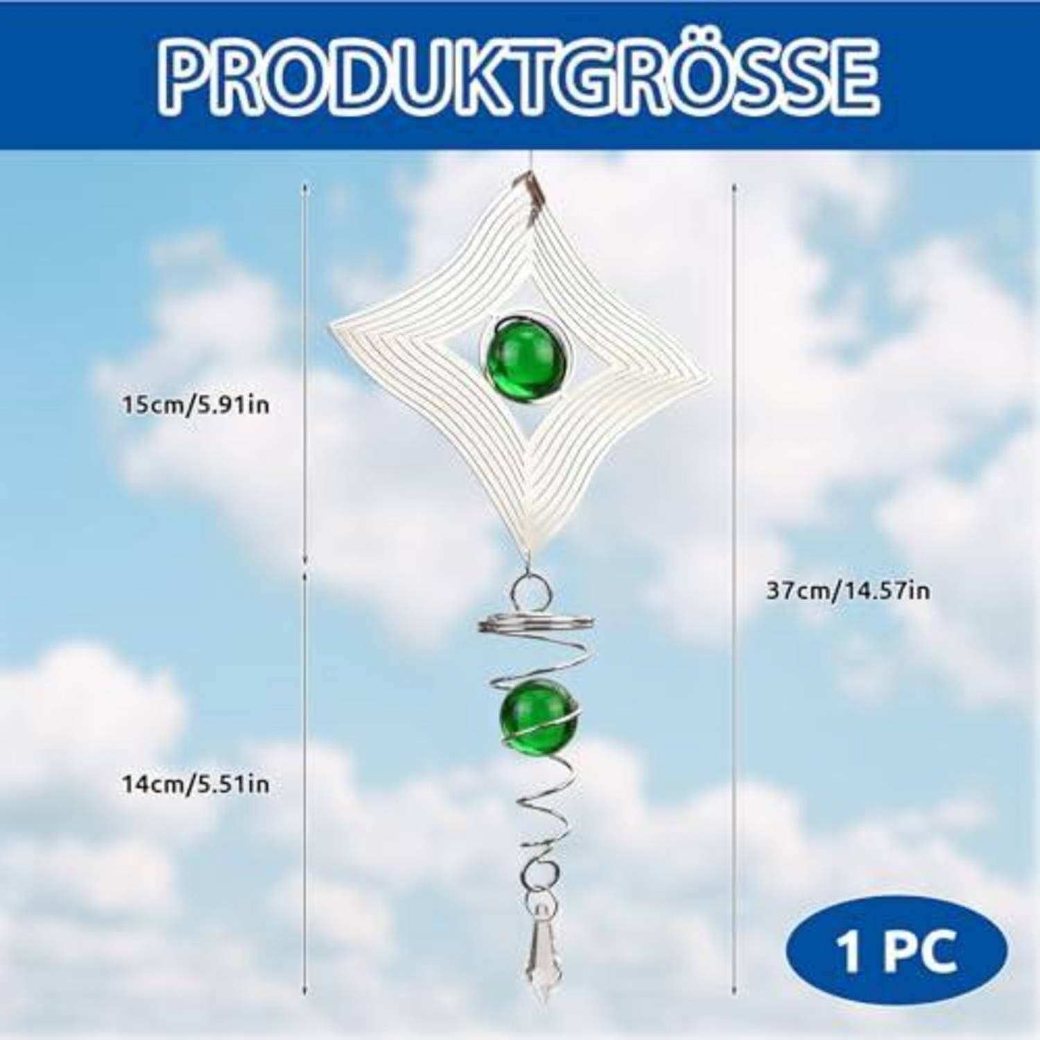 Produktgrößen-Diagramm für einen hängenden Windspinner mit der Bezeichnung „PRODUKTGRÖSSE", das die Abmessungen zeigt: 37 cm Höhe, 15 cm Breite und 14 cm unterer Abschnitt; 1 Stück enthalten.