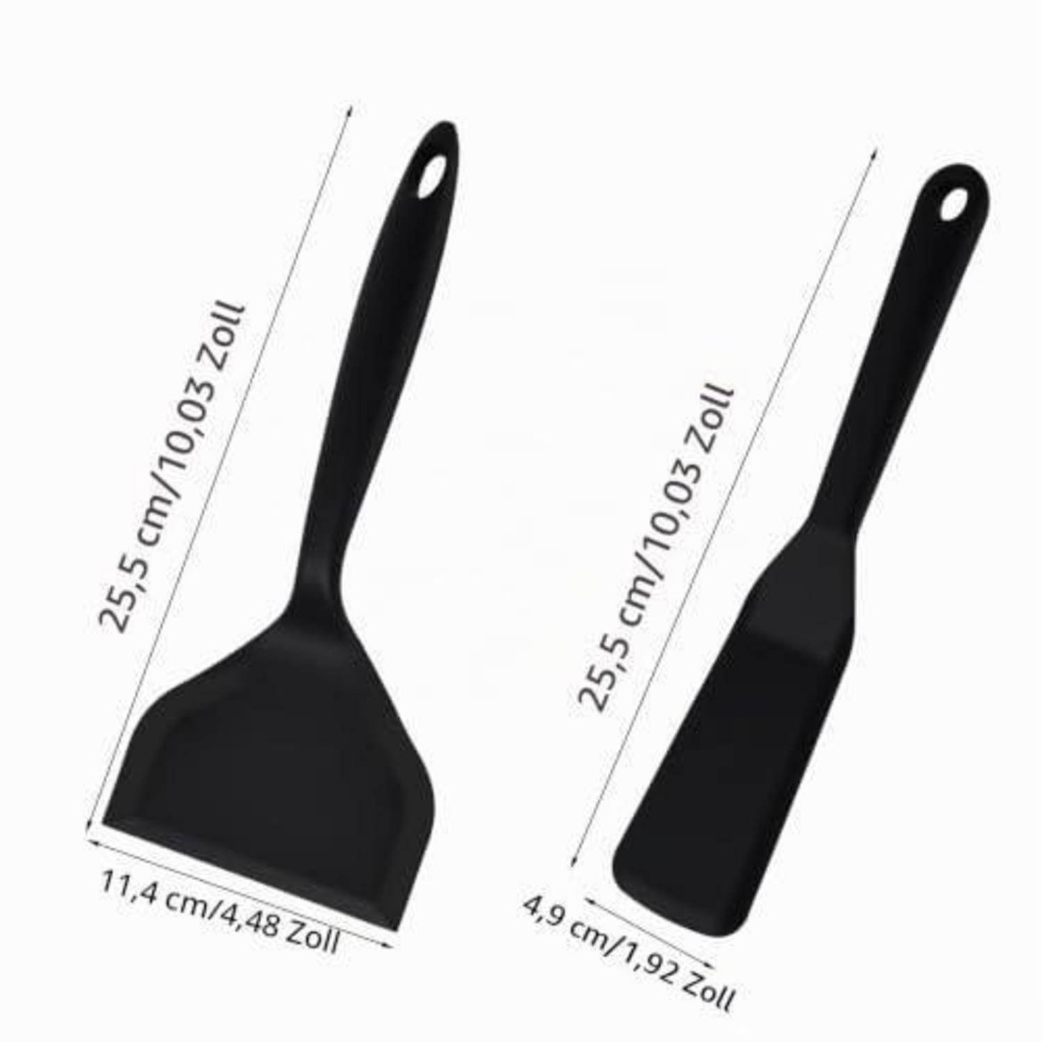 Zwei schwarze Küchenschaufeln mit Größenangaben: 25,5 cm lang; eine 11,4 cm breit und die andere 4,9 cm breit.