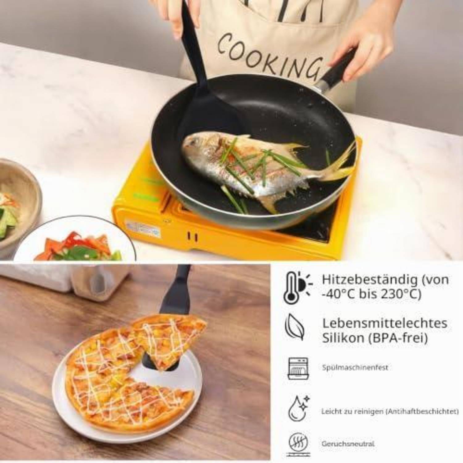 # Collage mit einem antihaftbeschichteter, fischförmiger Silikonpfanne, die zum Kochen von Fisch verwendet wird, und einem gebackenen fischförmigen Gebäck, mit deutschen Beschriftungen, die Hitzebeständigkeit, lebensmittelgerechtes, BPA-freies Silikon, Spülmaschinentauglichkeit, leichte Reinigung und Geruchsneutralität hervorheben.