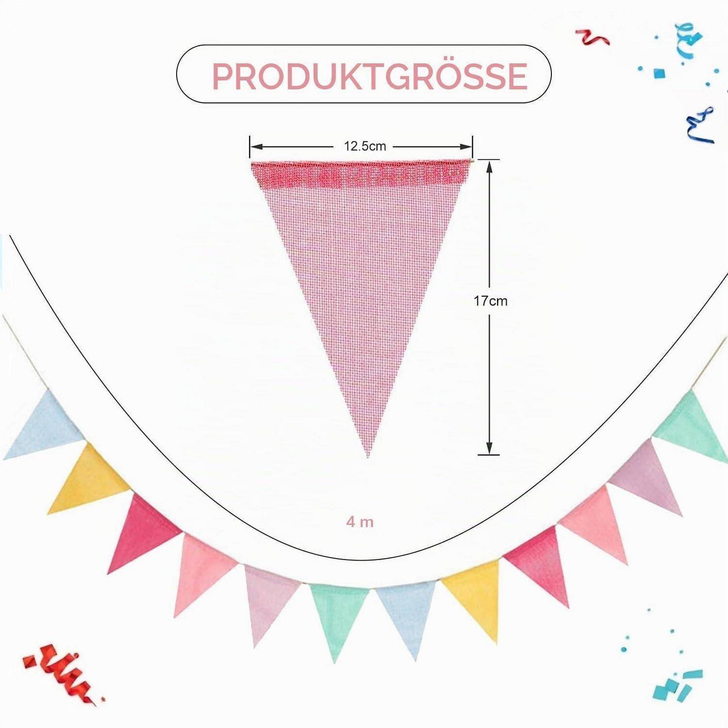 Rosa dreieckige Wimpelgirlande mit der Bezeichnung "PRODUKTGRÖSSE"", wobei eine Flaggengröße mit 12,5 cm Breite und 17 cm Länge angegeben ist, mit einer Gesamtlänge der Girlande von 4 m.