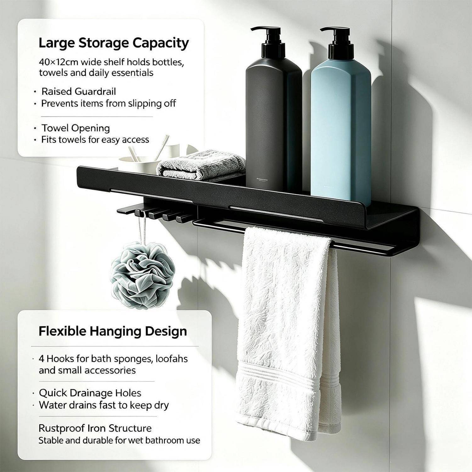 Badezimmer-Wandregal mit Handtuchstange und Haken, das Flaschen und Handtücher hält; der Text hebt die große Speicherkapazität und das flexible Aufhängedesign hervor.
