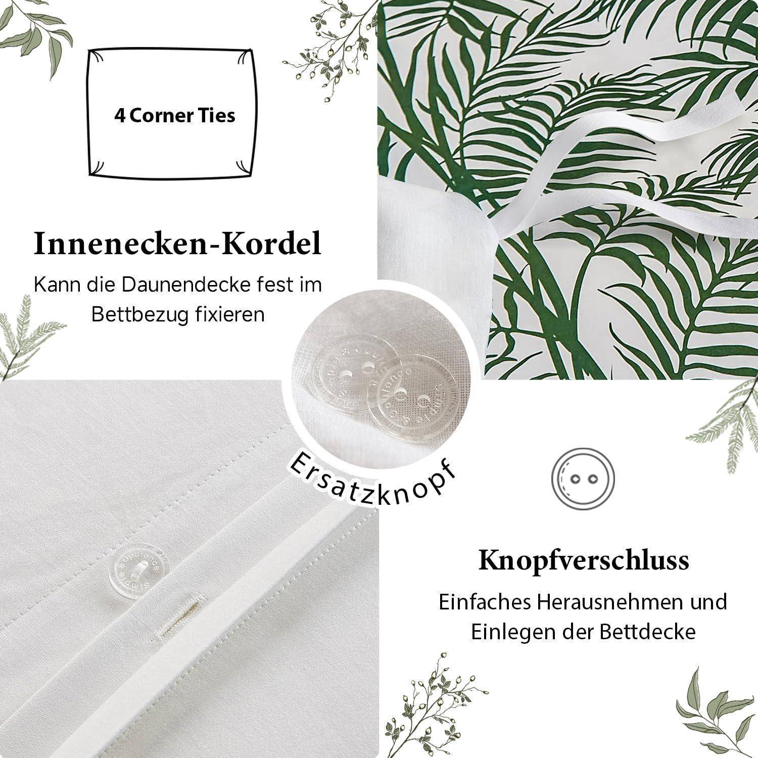 Infografik einer Bettwäschehülle mit 4 Eckenbändern und Knopfverschluss, beschriftet auf Deutsch: 'Innenecken-Kordel', 'Ersatzknopf' und 'Knopfverschluss'; zeigt, wie die Hülle gesichert und mühelos eingeführt wird.