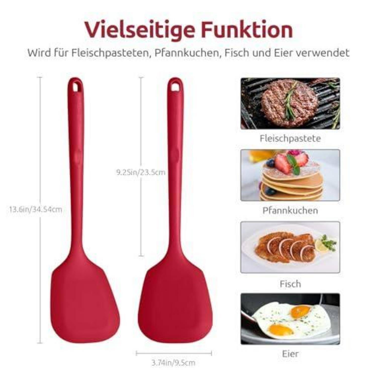 Produktabbildung eines roten Silikonspachtels mit der Aufschrift „Vielseitige Funktion