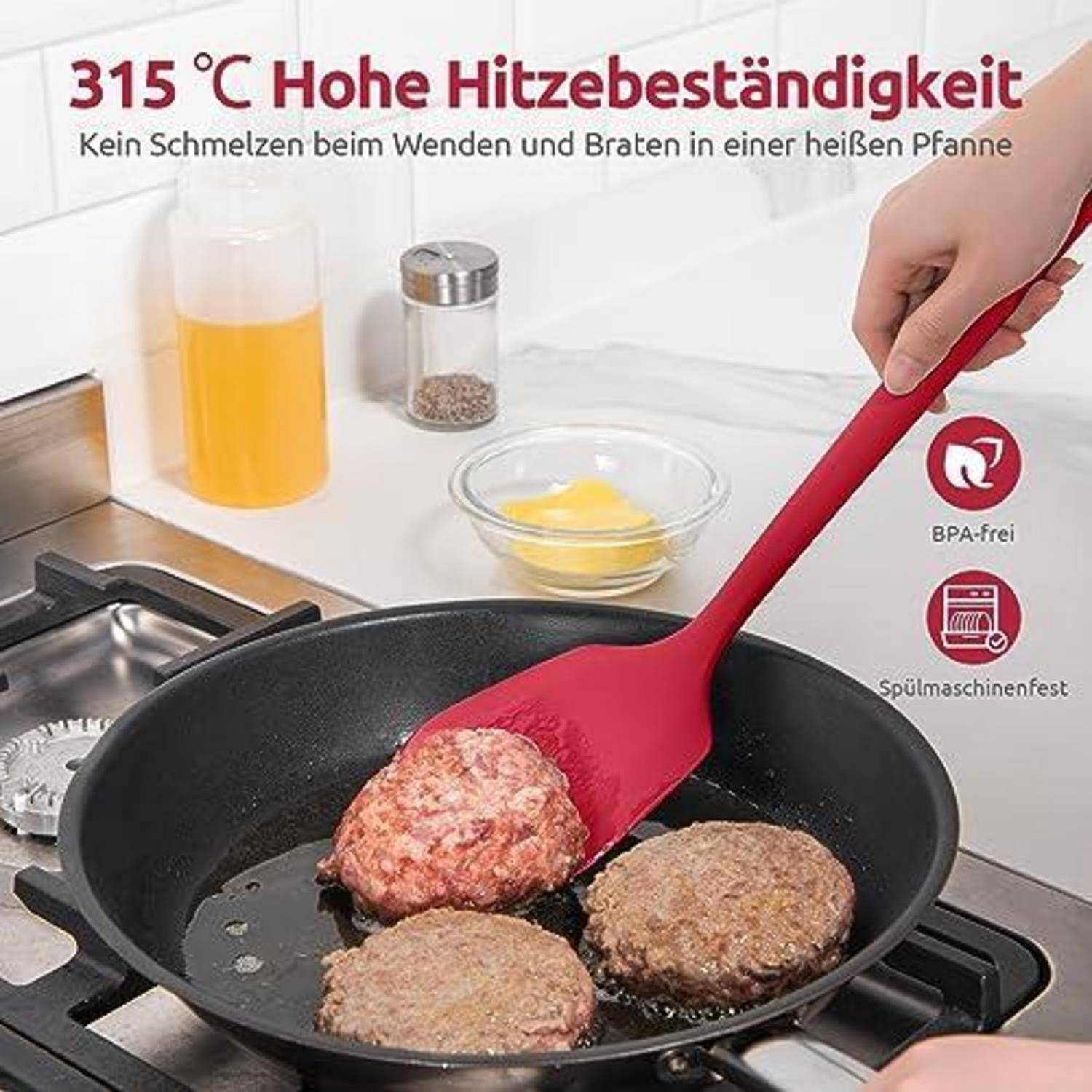 Roter Spatel wendet Burger-Patties in einer Pfanne; deutscher Text besagt „Hitzebeständigkeit bis 315°C