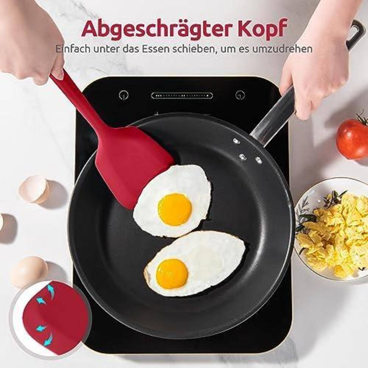 Draufsicht eines Pfanne auf einem Kochfeld mit zwei Spiegeleiern und einem Pfannenwender, der sie wendet; deutscher Text besagt „Abgewinkelter Kopf