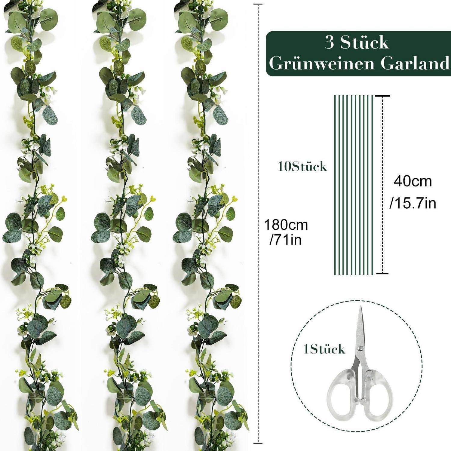 Produktbild von drei künstlichen grünen Efeu-Girlanden mit Größenangaben, das eine Länge von 180 cm, eine Breite von 40 cm und ein Scherensymbol zur Größenveranschaulichung zeigt.