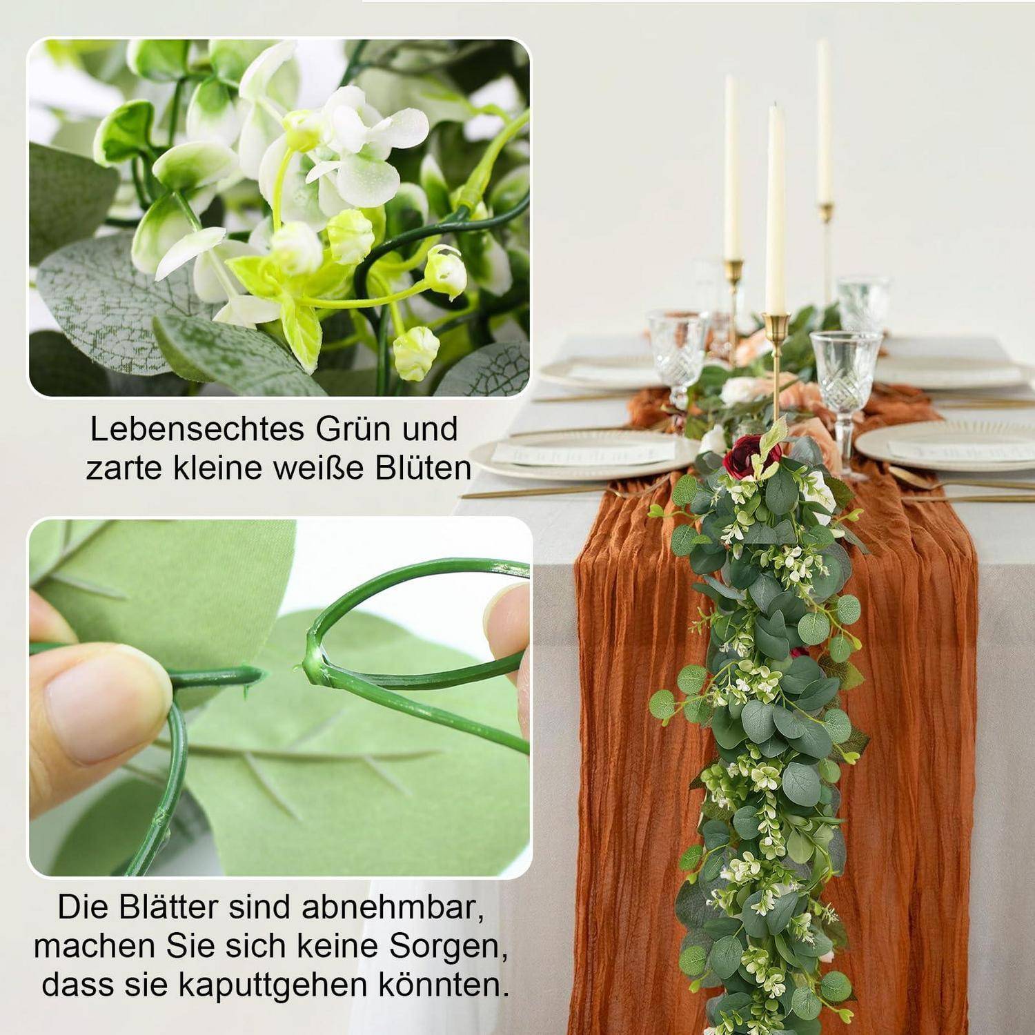 Künstlicher Tischläufer aus Blumen mit grünen Blättern und kleinen weißen Blüten, präsentiert auf einem Esstisch; eingefügte Nahaufnahmen zeigen die realistischen Blüten und abnehmbaren Blätter.