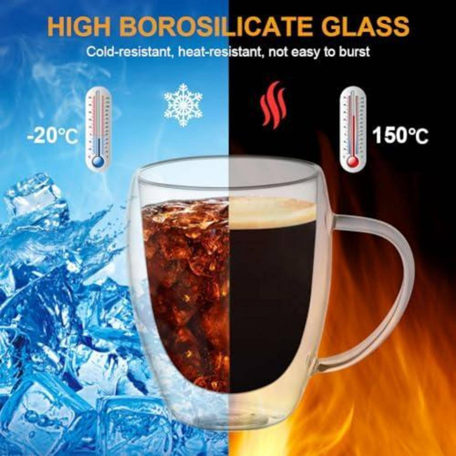 Grafische Werbung für Becher aus hochwertigem Borosilikatglas, kältebeständig bis -20°C und hitzebeständig bis 150°C, dargestellt mit Eis und heißem Getränk.