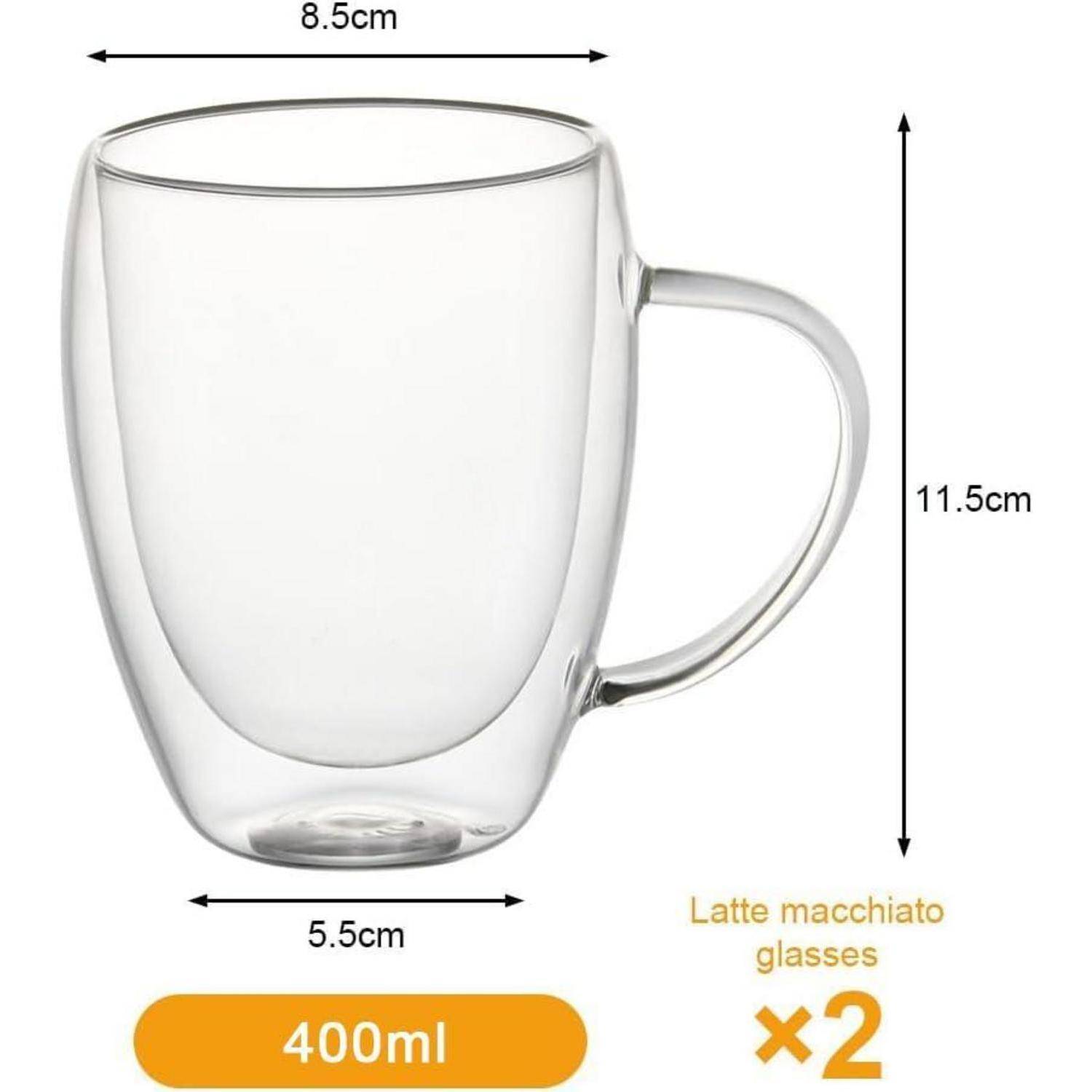 Transparentes 400-ml-Latte-Macchiato-Glas mit Griff, gezeigt mit Abmessungen von 8,5 cm Breite und 11,5 cm Höhe; Satz von 2.