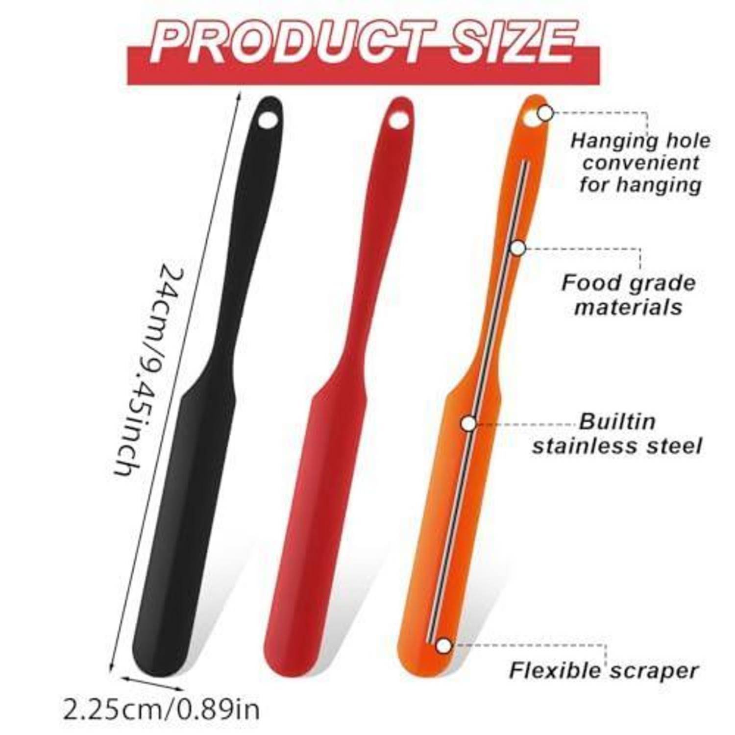 Größentabelle für einen flexiblen Schaber-Spatel mit 24 cm/9,45 Zoll Länge und 2,25 cm/0,89 Zoll Breite, mit Aufhängeloch, Materialien in Lebensmittelqualität und Edelstahlkern.