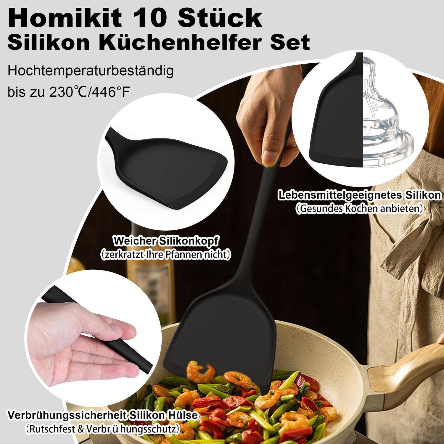 Werbebild eines 10-teiligen Homikit-Silikonküchenutensilien-Sets, das einen schwarzen Spatel zeigt, der in einer Pfanne verwendet wird, und Funktionen wie Hitzebeständigkeit bis 230°C/446°F, lebensmittelsicheres Silikon und einen brandschutzbeschichteten Griff hervorhebt.
